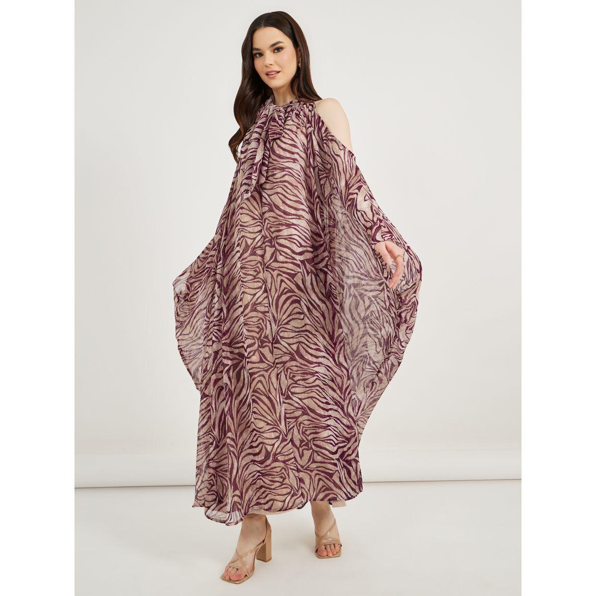 فستان كفتان ماكسي بطبعات كاملة وياقة مربوطة-women-clothing-dresses-image-2