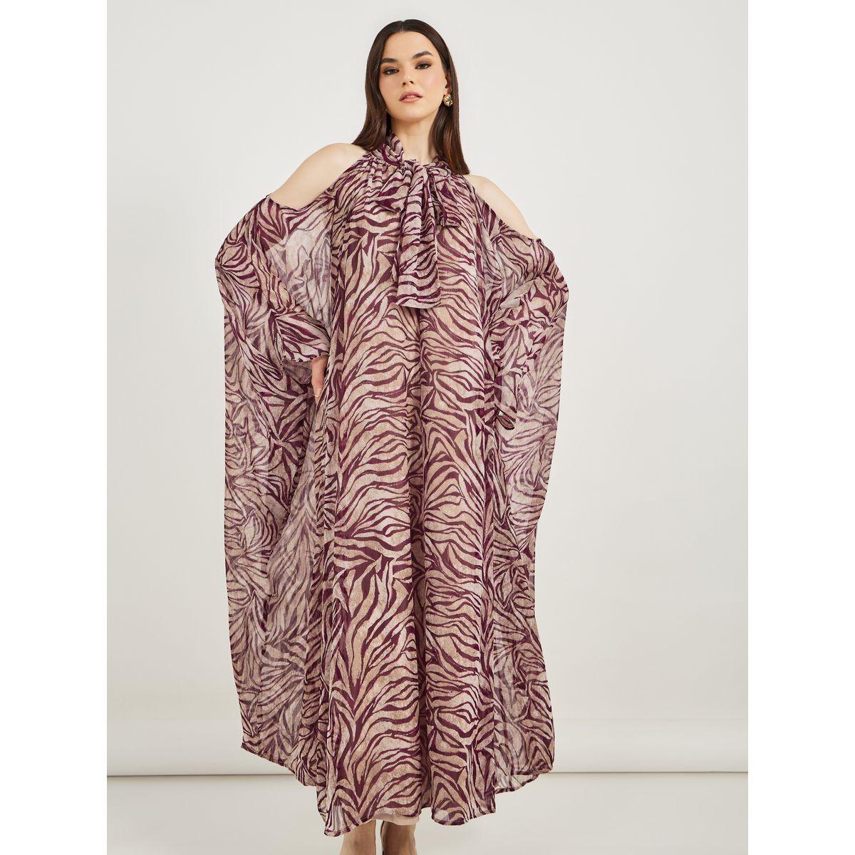 فستان كفتان ماكسي بطبعات كاملة وياقة مربوطة-women-clothing-dresses-image-3