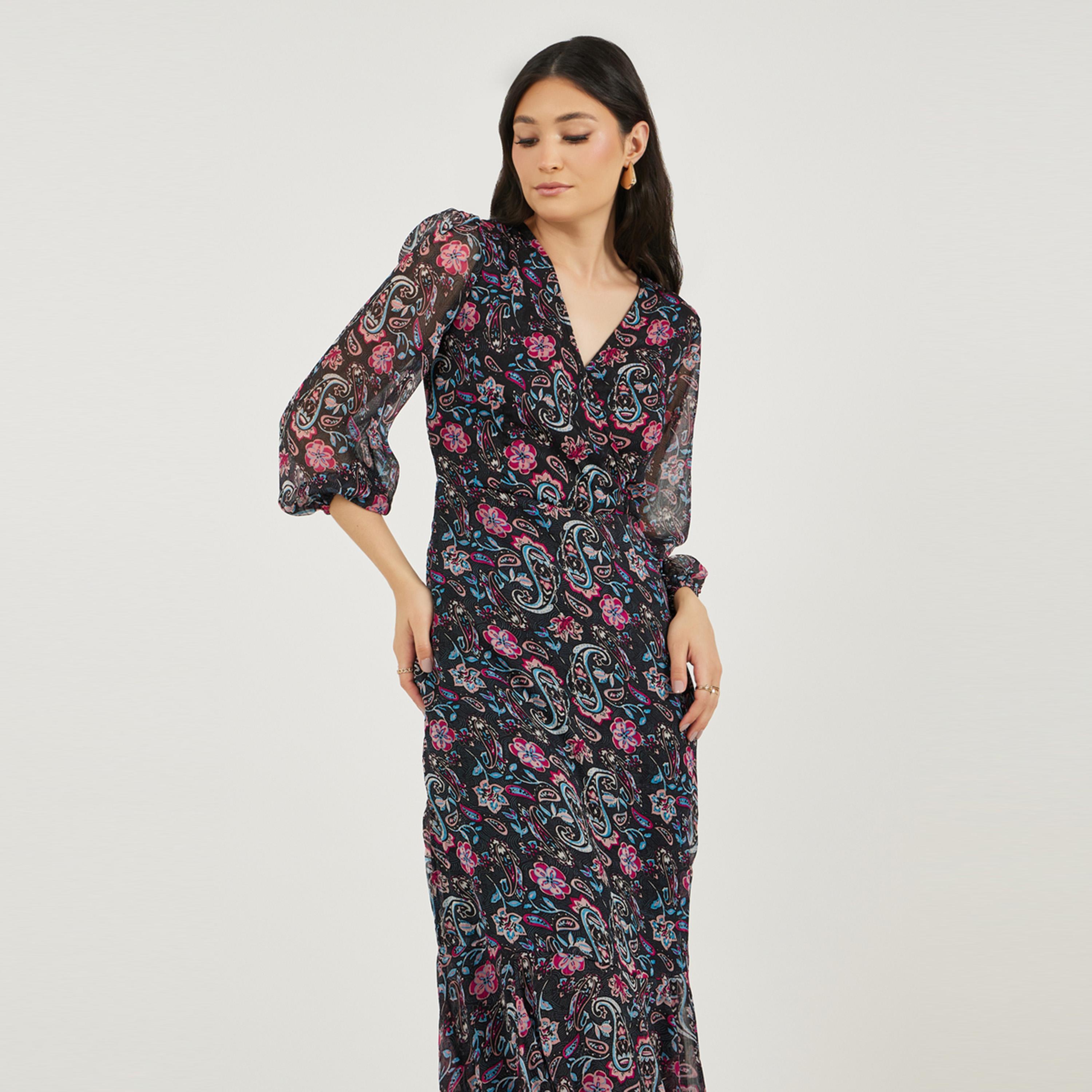 ستايلي - فستان ماكسي بقصة حرف A وأكمام طويلة مطبوع بالكامل-women-clothing-dresses-image-5