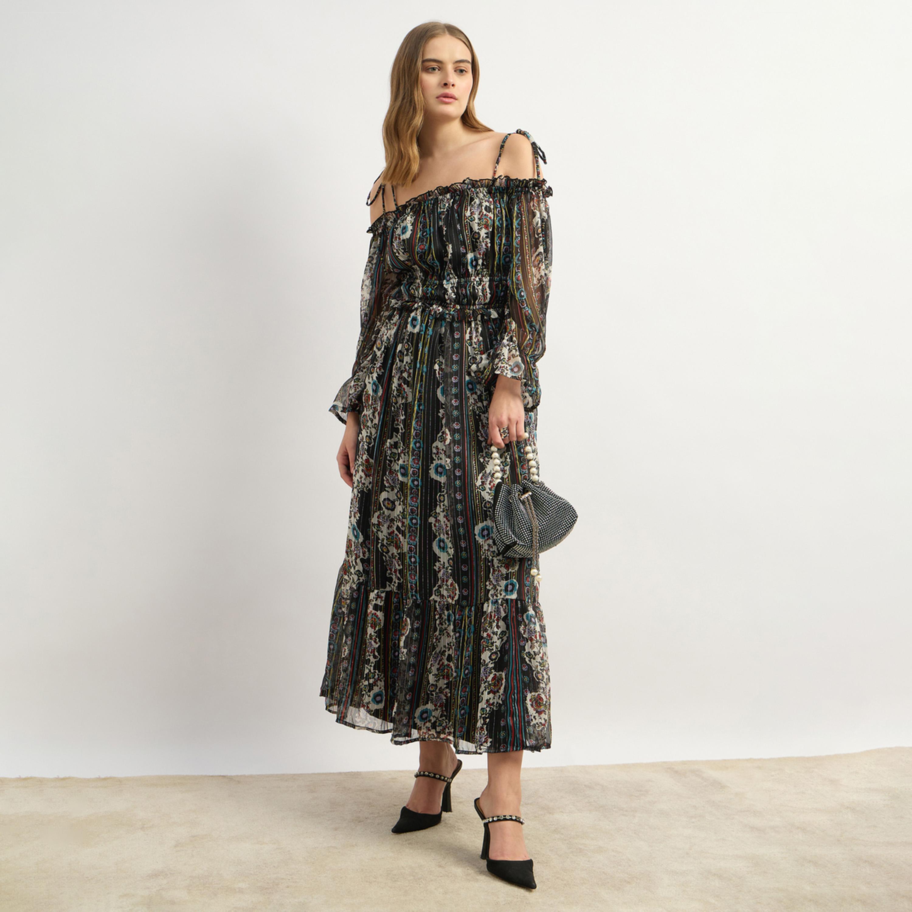 Styli All Over Print Off Shoulder A-Line Long Sleeves Midi Dress-women-clothing-dresses-image-1