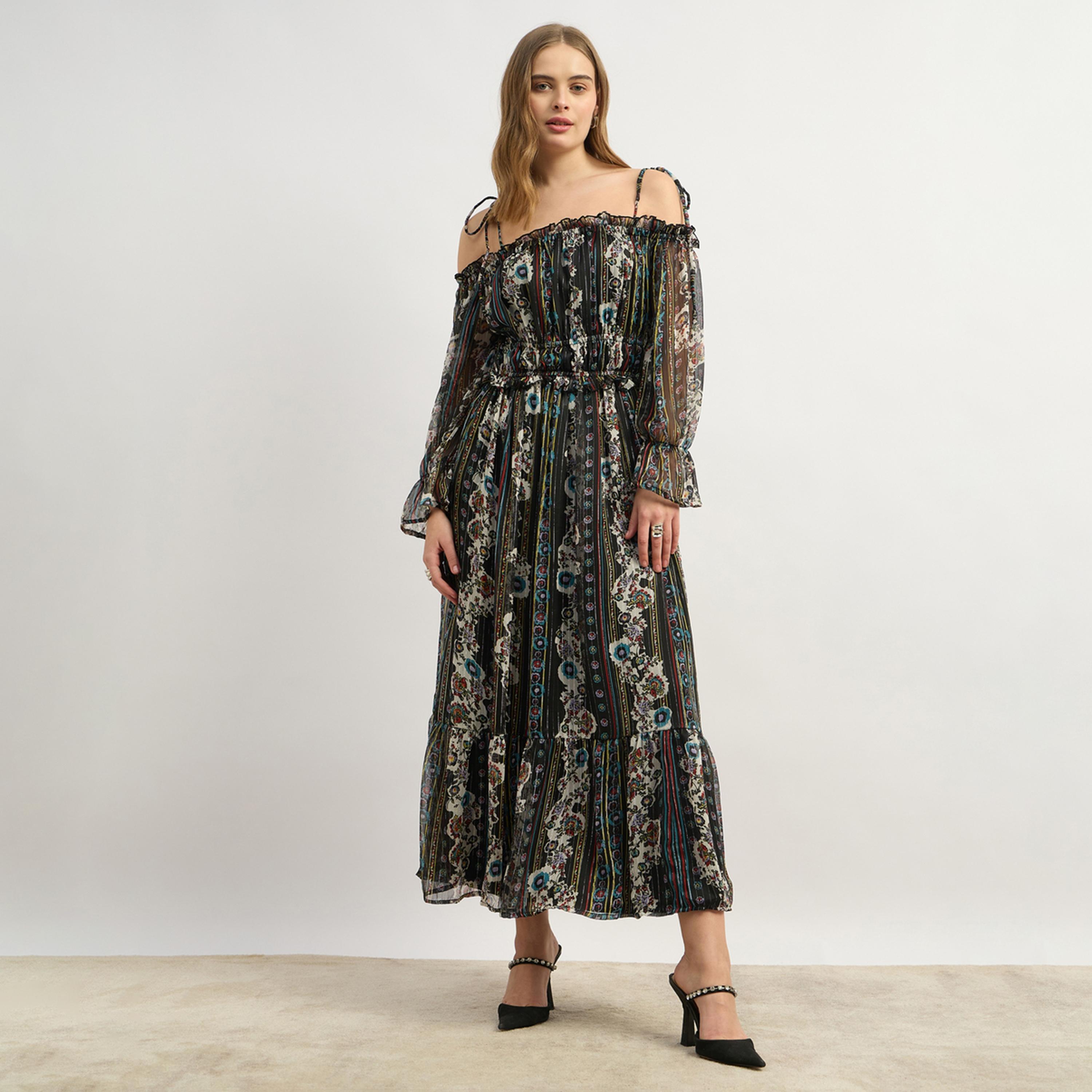 Styli All Over Print Off Shoulder A-Line Long Sleeves Midi Dress-women-clothing-dresses-image-2