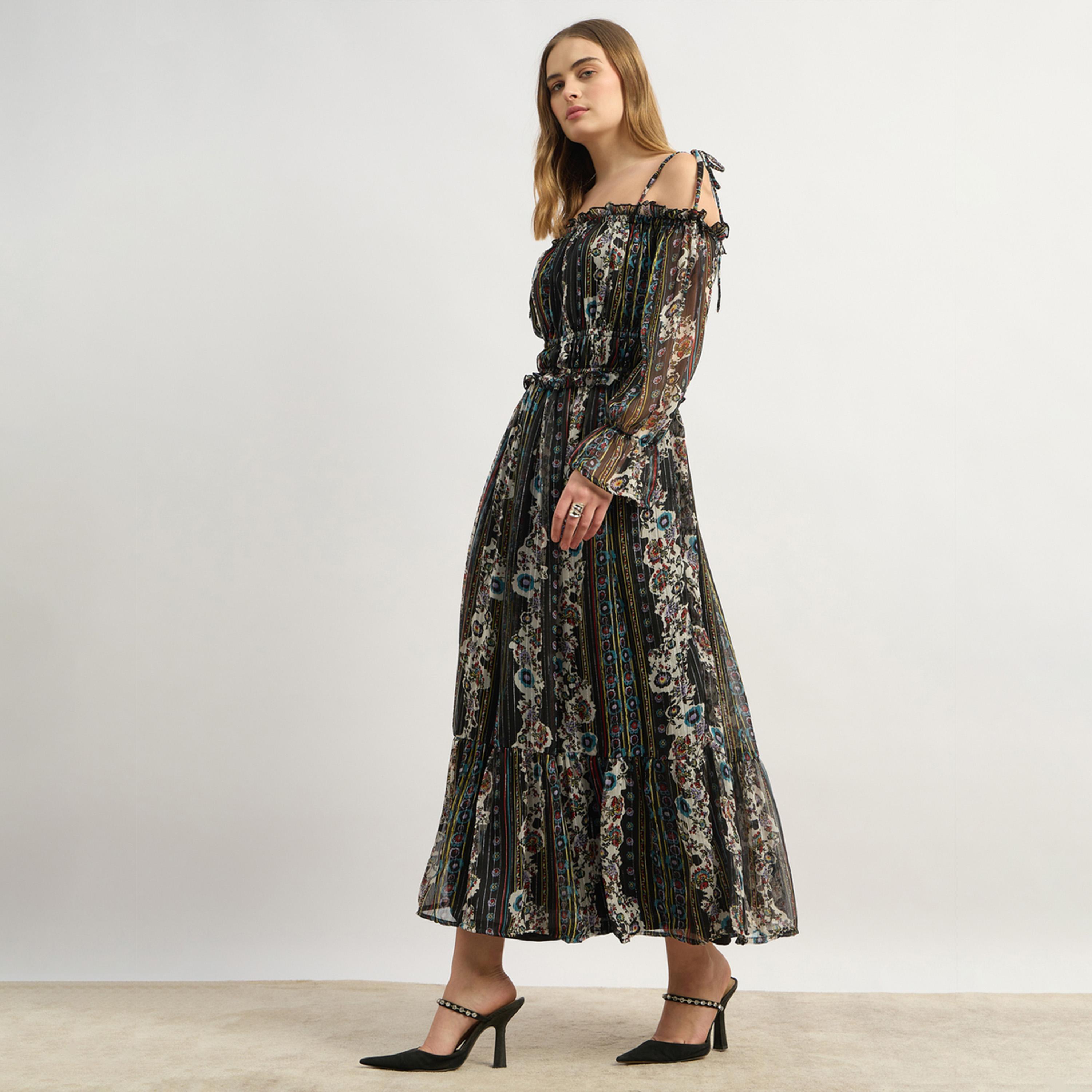 Styli All Over Print Off Shoulder A-Line Long Sleeves Midi Dress-women-clothing-dresses-image-3