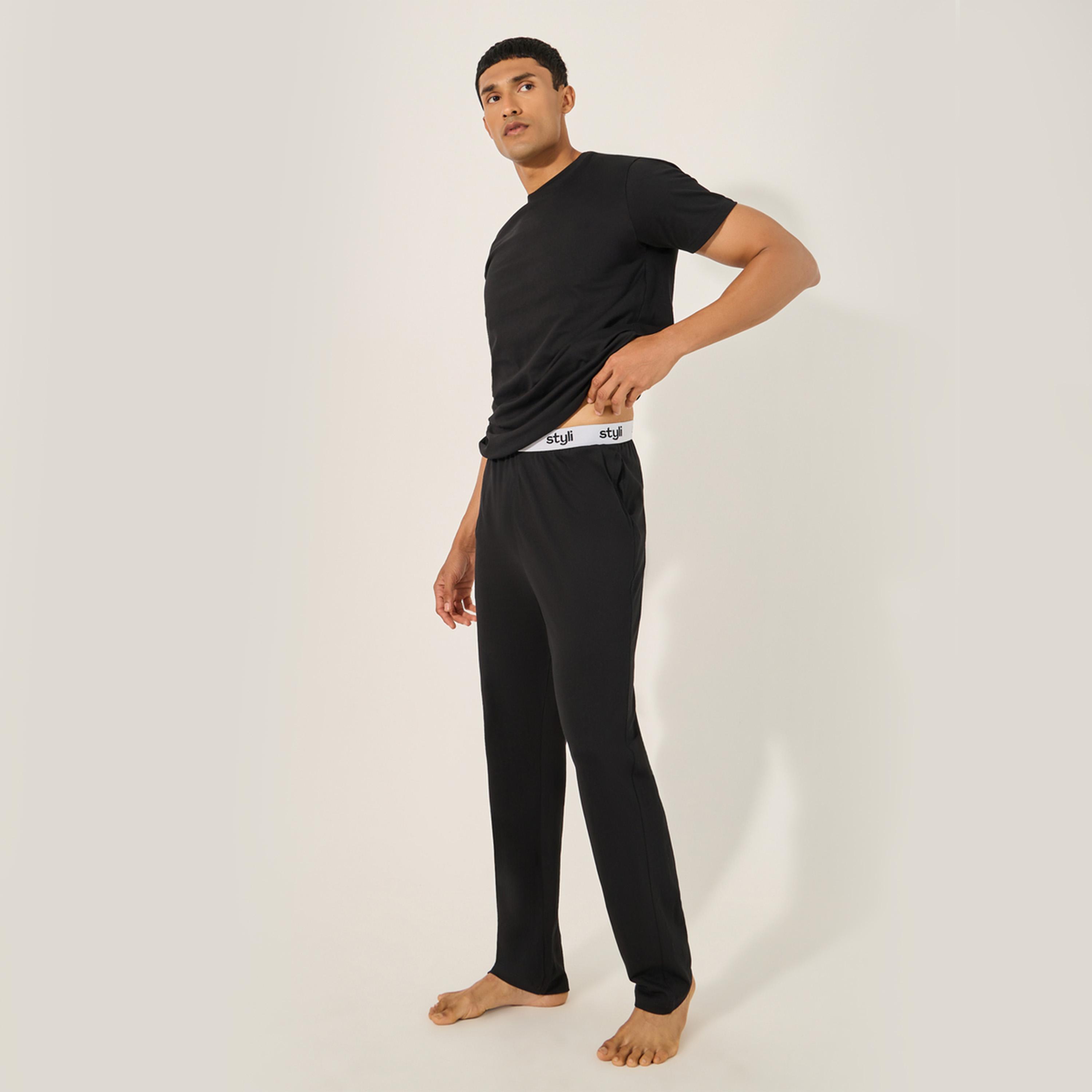Styli Solid Crew Neck T-Shirt and Printed Waistband Pyjama Set-men-clothing-nightwear-sets-image-1
