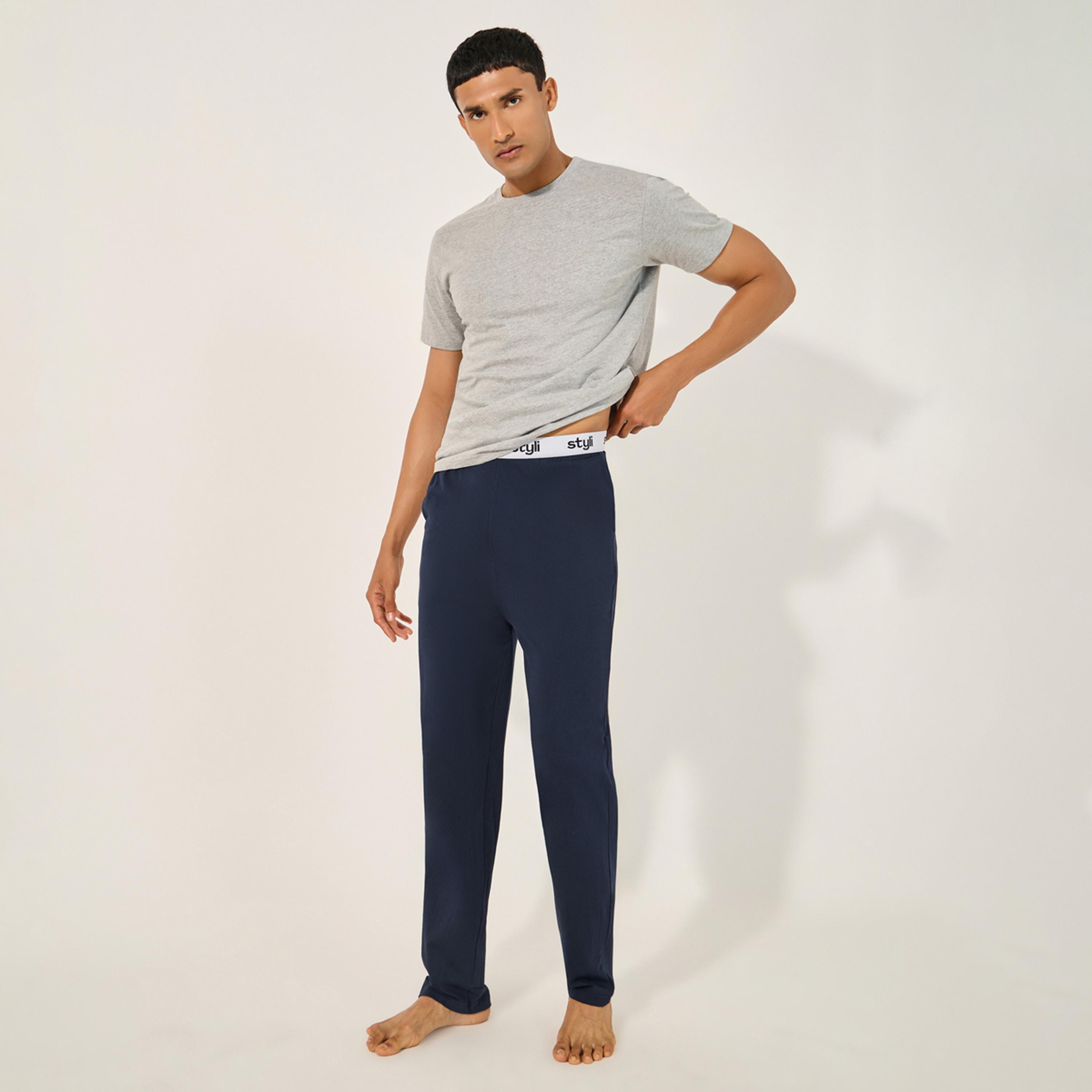Styli Solid Crew Neck T-Shirt and Printed Waistband Pyjama Set-men-clothing-nightwear-sets-image-1