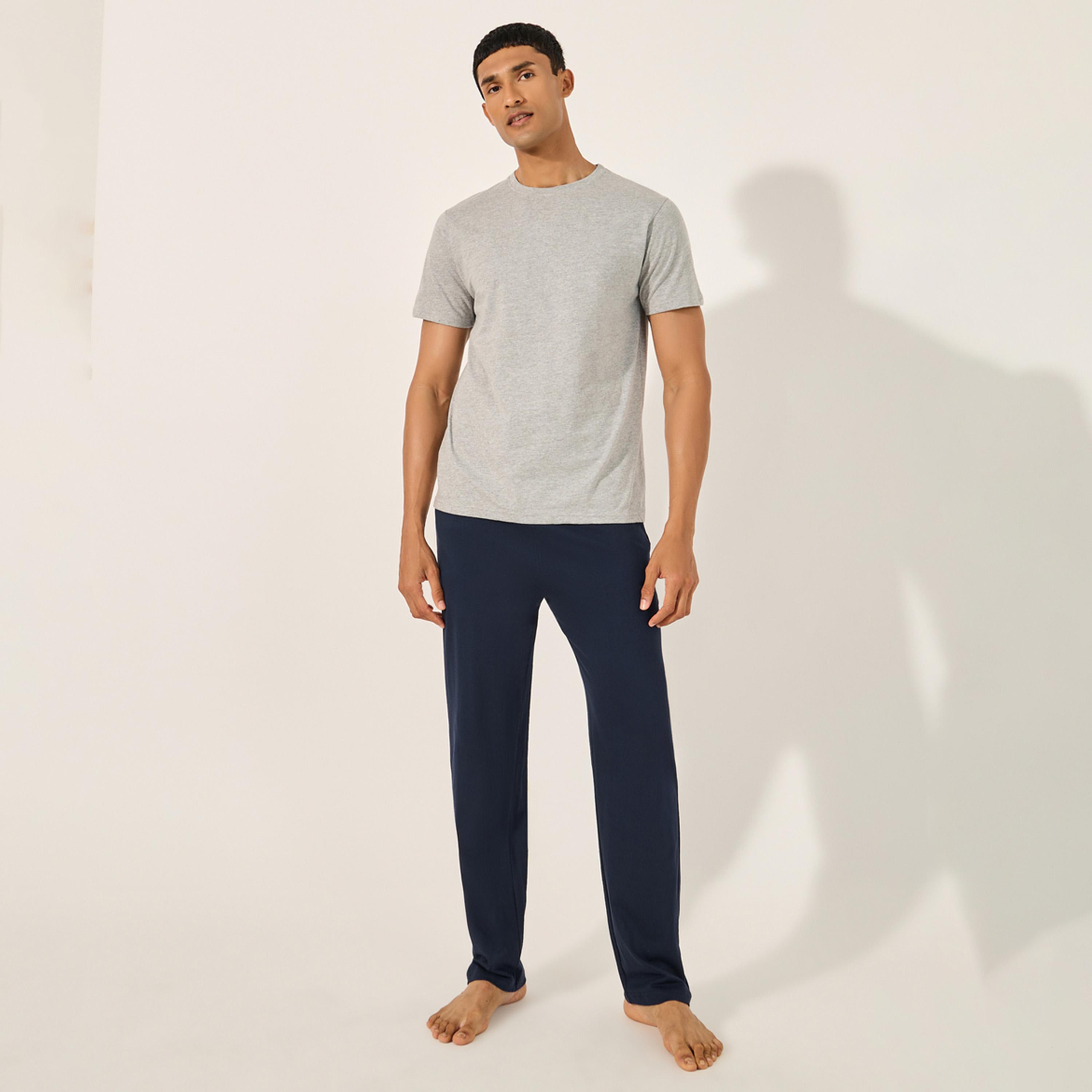 Styli Solid Crew Neck T-Shirt and Printed Waistband Pyjama Set-men-clothing-nightwear-sets-image-2