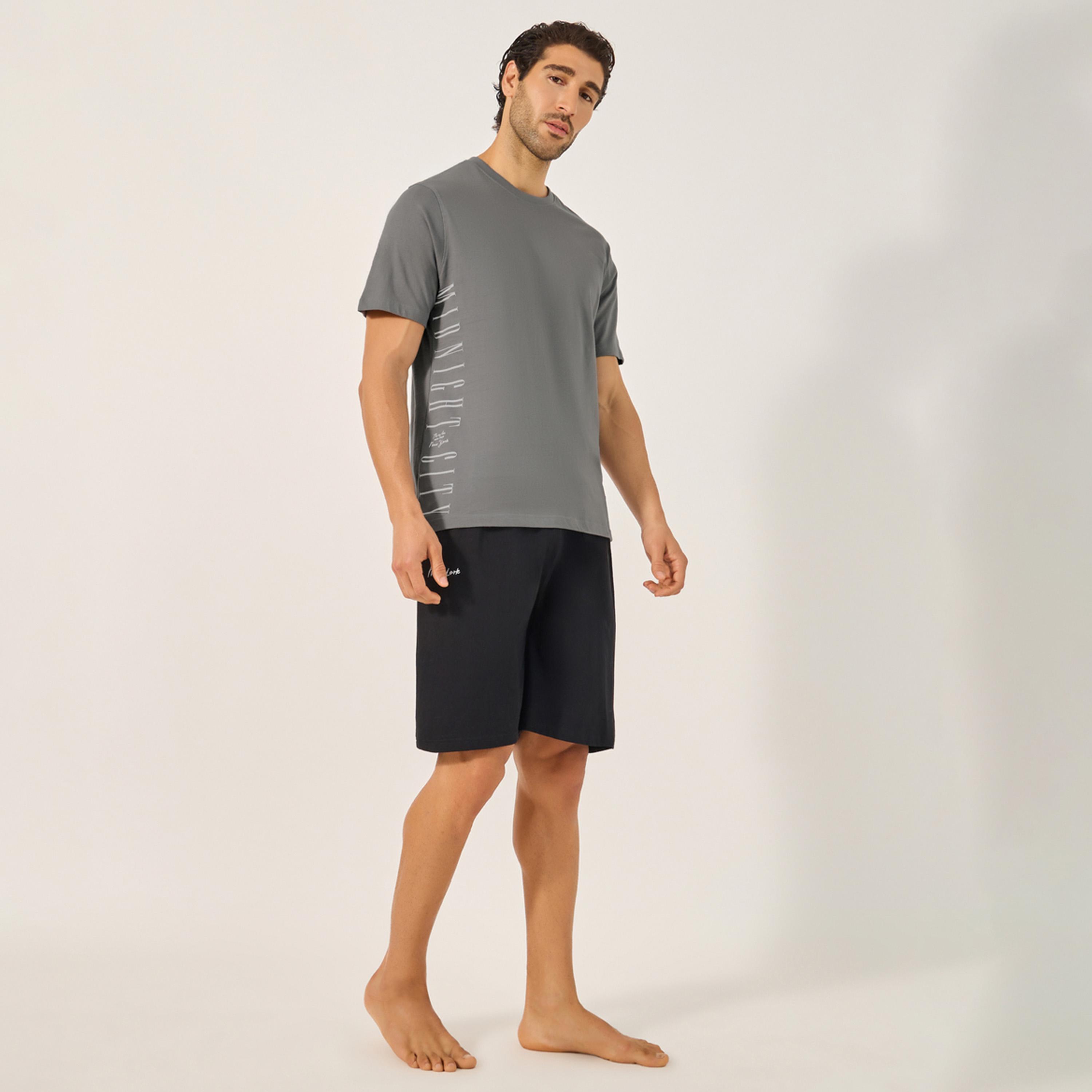 Styli Unwind Slogan Printed Round Neck T-Shirt And Short Pyjama Set-men-clothing-nightwear-sets-image-1