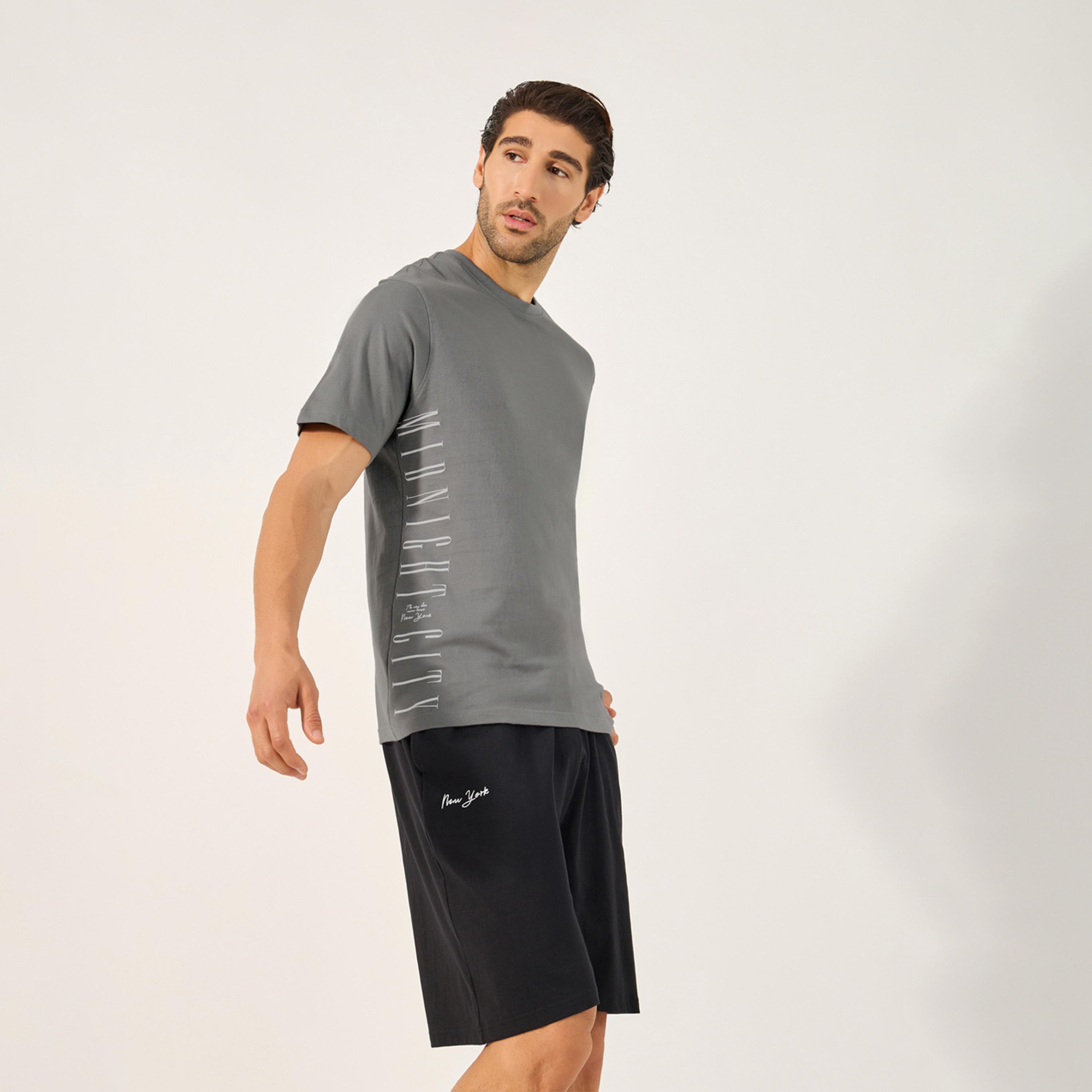 Styli Unwind Slogan Printed Round Neck T-Shirt And Short Pyjama Set-men-clothing-nightwear-sets-image-2