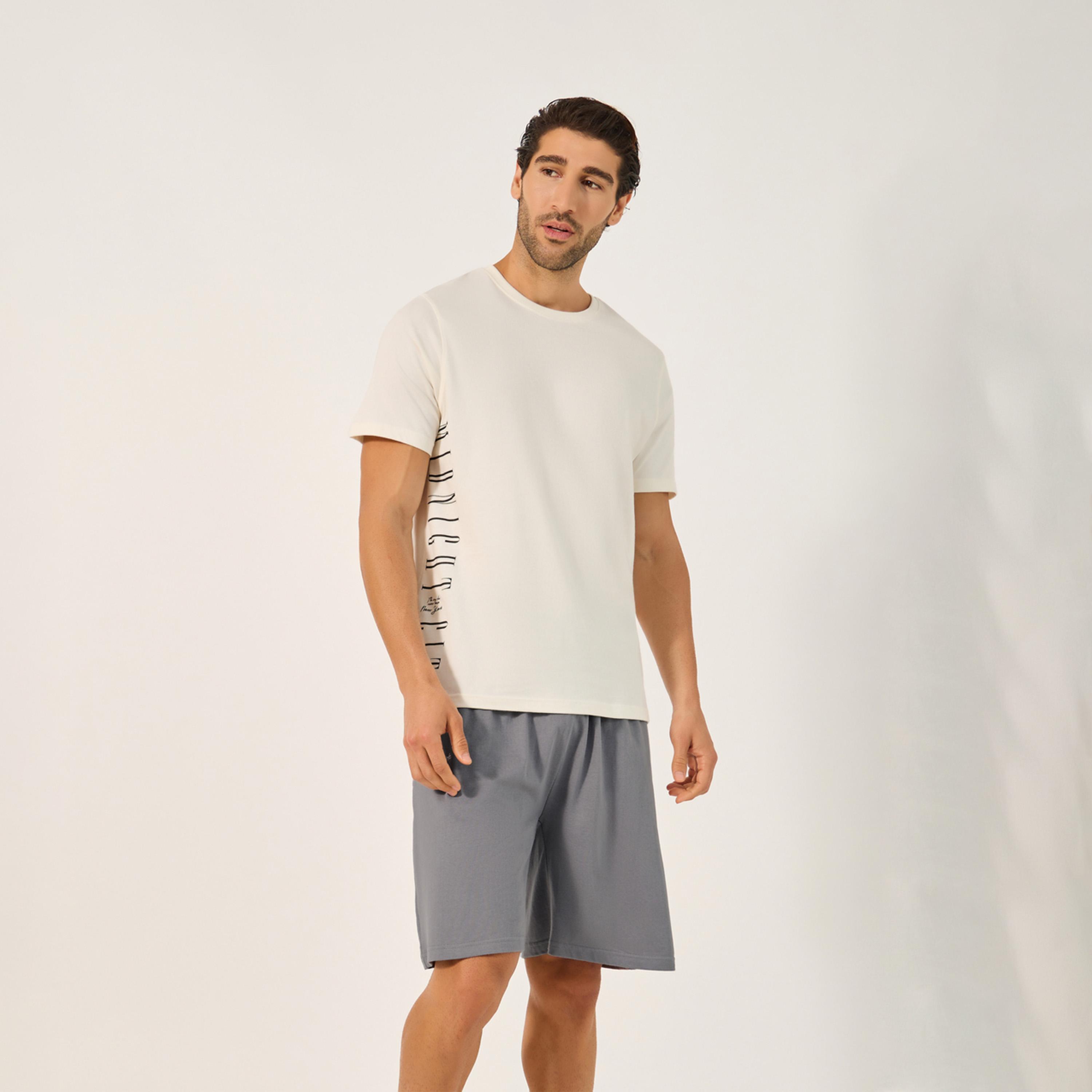 Styli Unwind Slogan Printed Round Neck T-Shirt And Short Pyjama Set-men-clothing-nightwear-sets-image-1