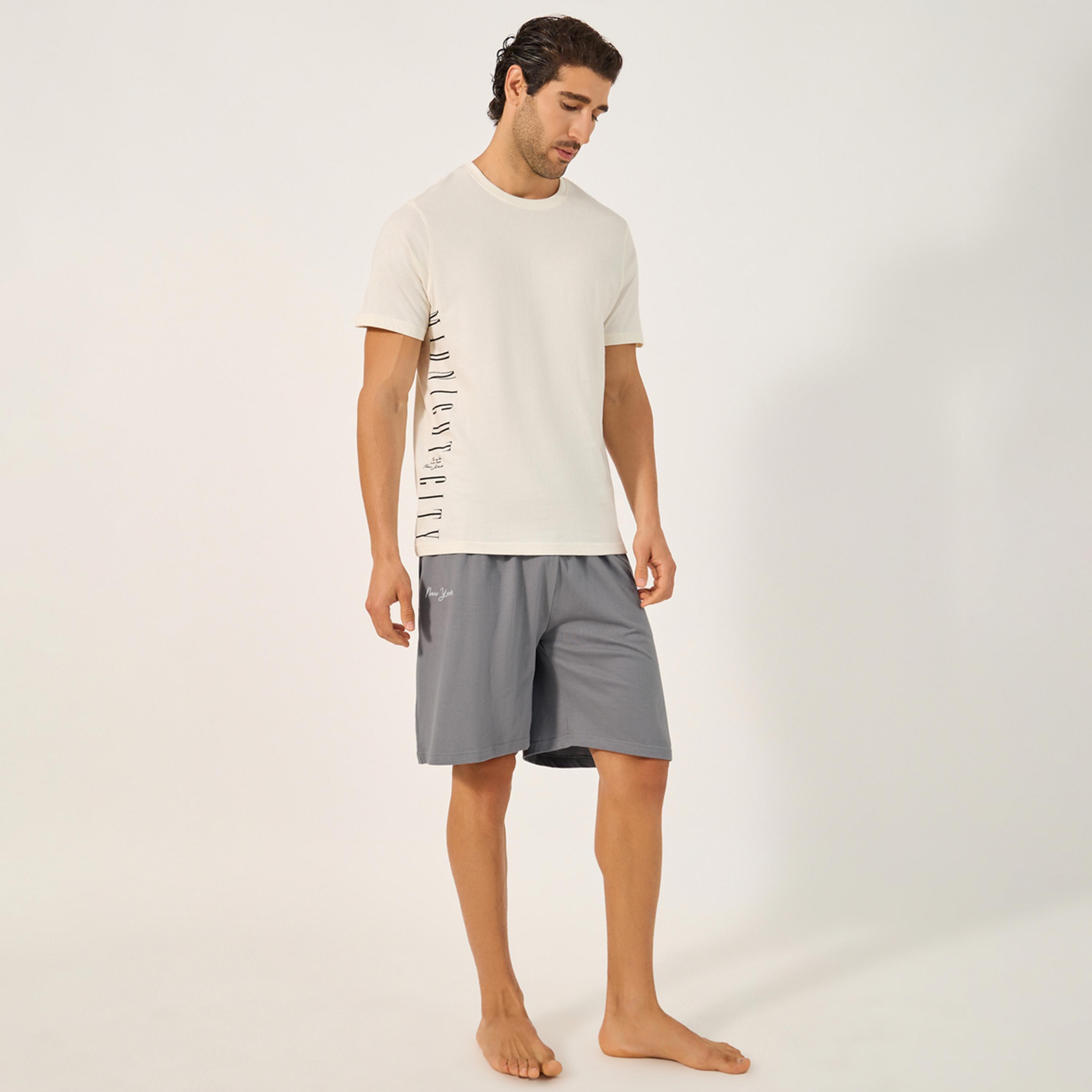 Styli Unwind Slogan Printed Round Neck T-Shirt And Short Pyjama Set-men-clothing-nightwear-sets-image-2