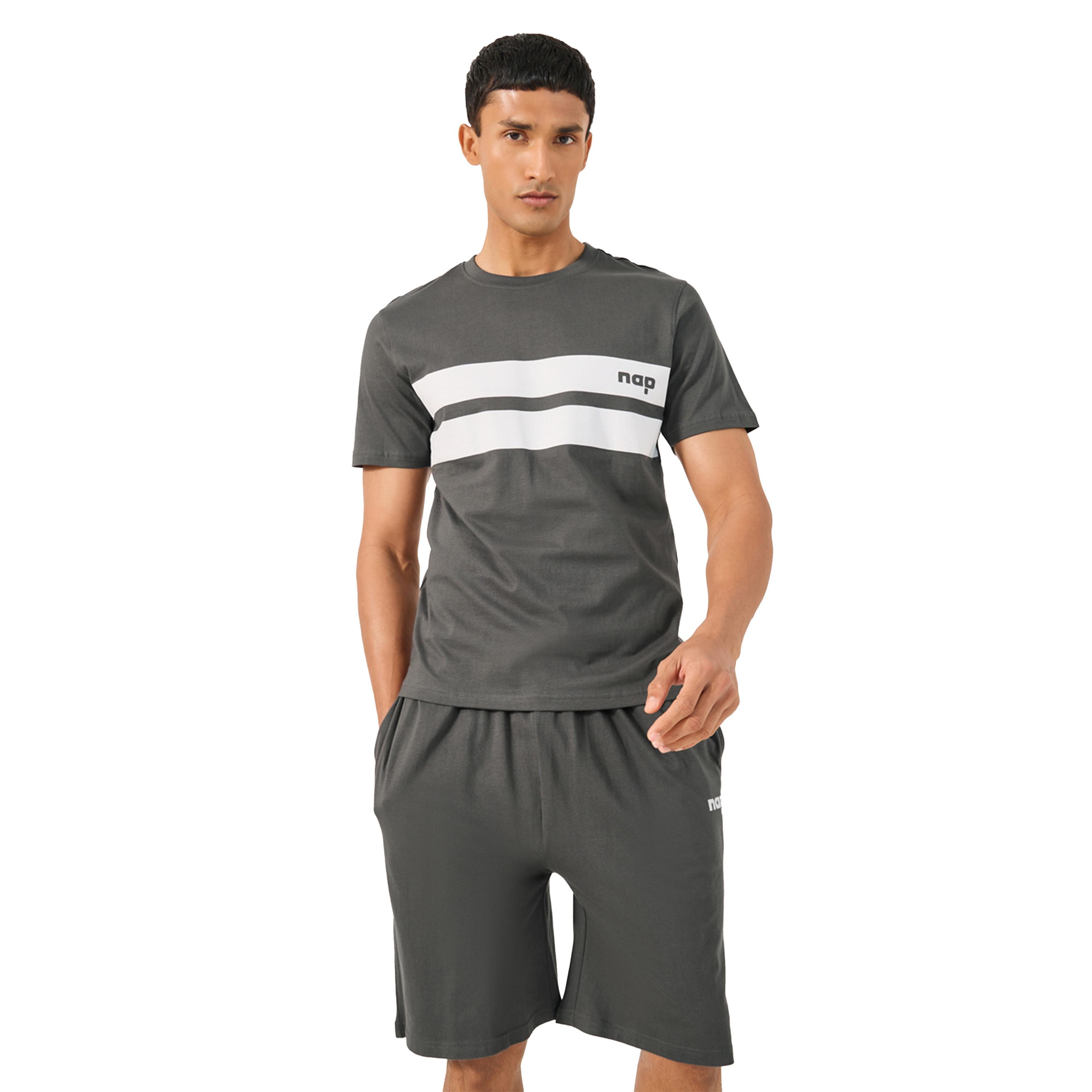 Styli Striped T-Shirt and Shorts Set with Contrast Waistband-men-clothing-nightwear-sets-image-2