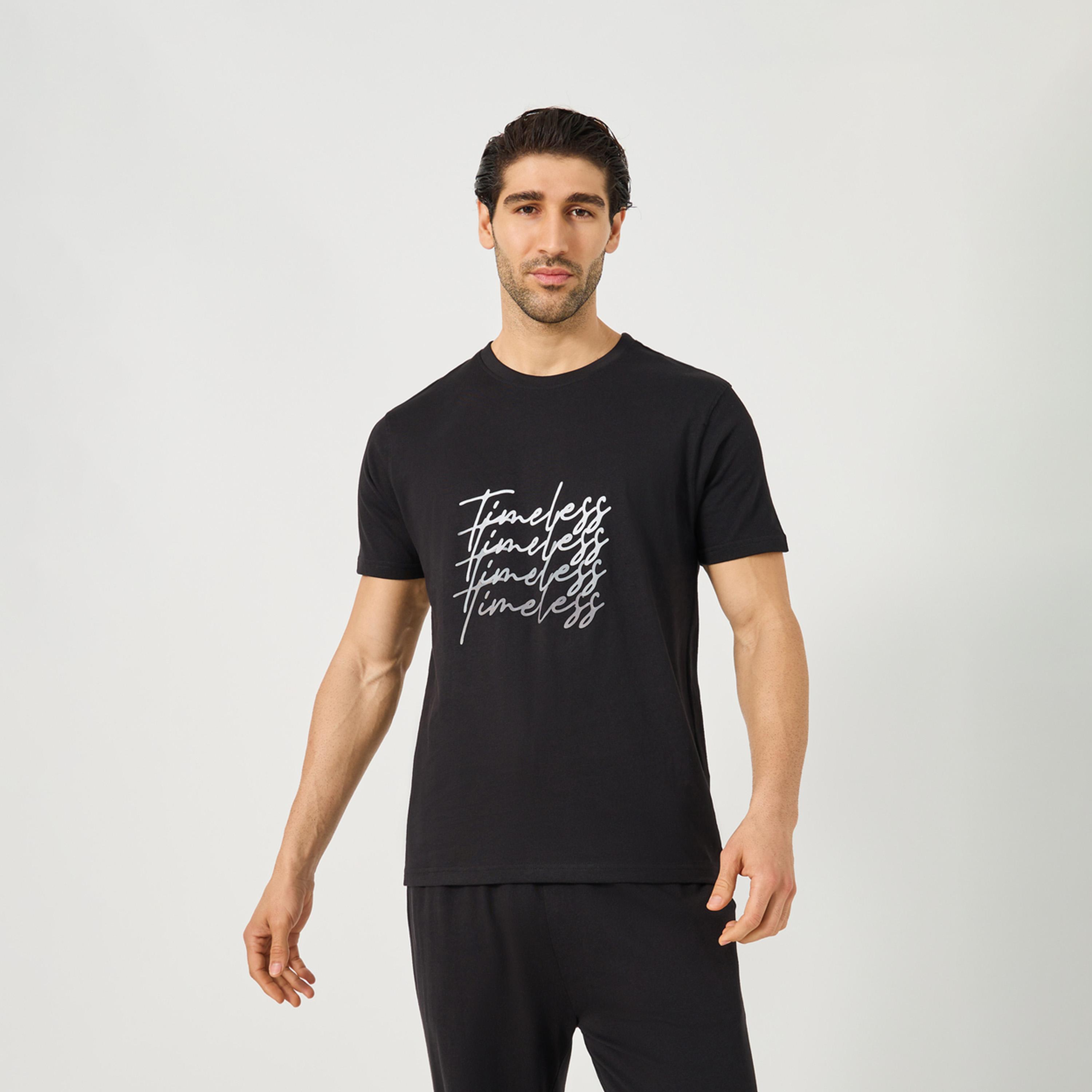 Styli Slogan Printed T-Shirt and Drawstring Waist Pyjama Set-men-clothing-nightwear-sets-image-2