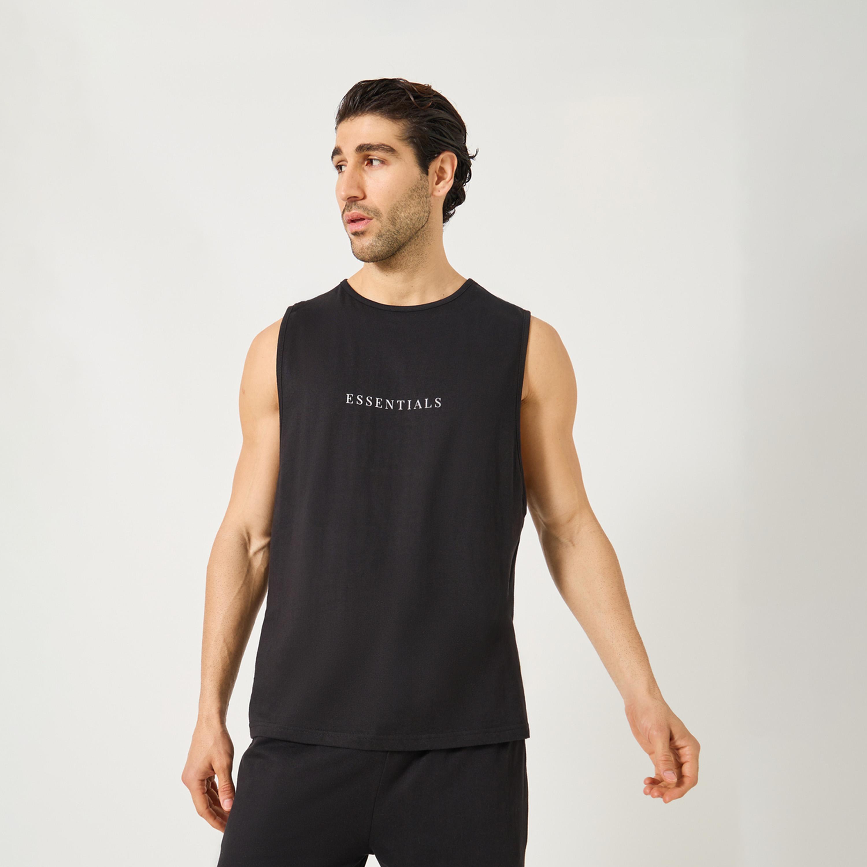 Styli Slogan Print Tank T-Shirt with Solid Pyjama Set-men-clothing-nightwear-sets-image-2