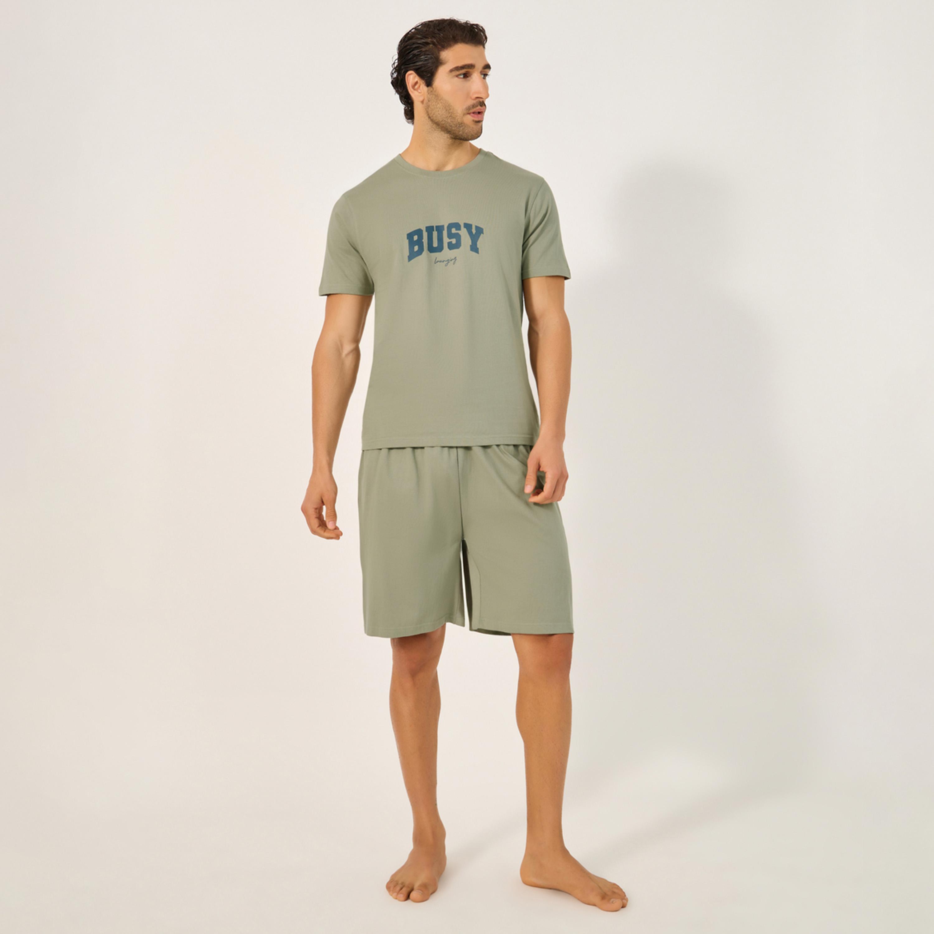 Styli Unwind Slogan Print Round Neck T-Shirt And Short Pyjama Set-men-clothing-nightwear-sets-image-1