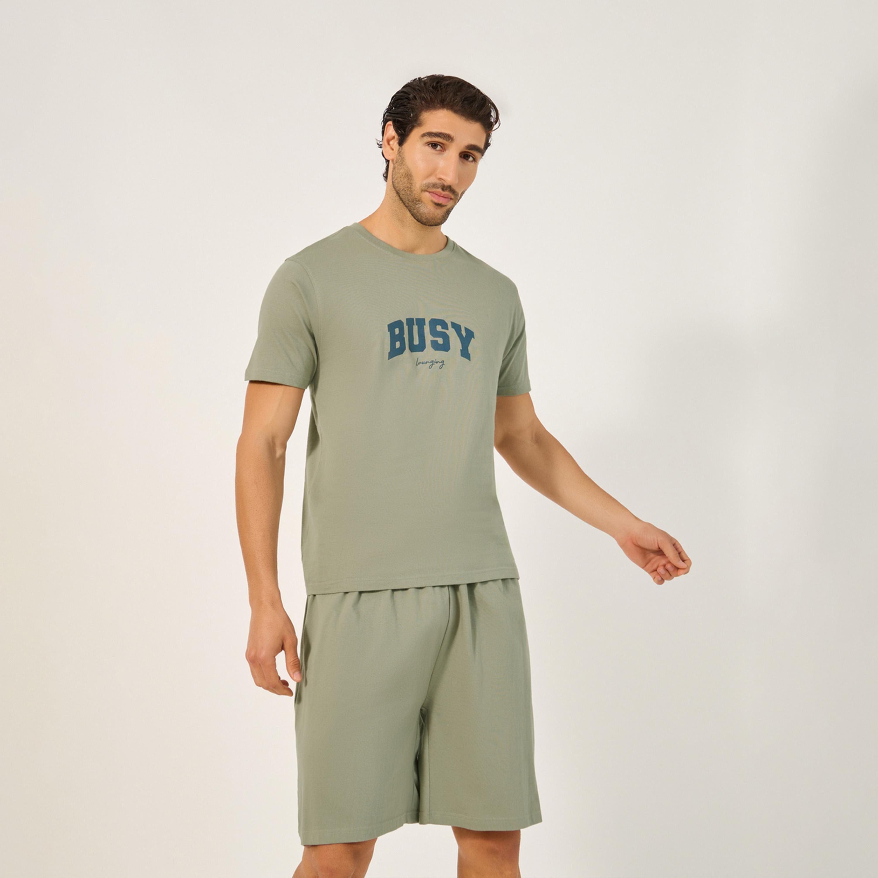 Styli Unwind Slogan Print Round Neck T-Shirt And Short Pyjama Set-men-clothing-nightwear-sets-image-2