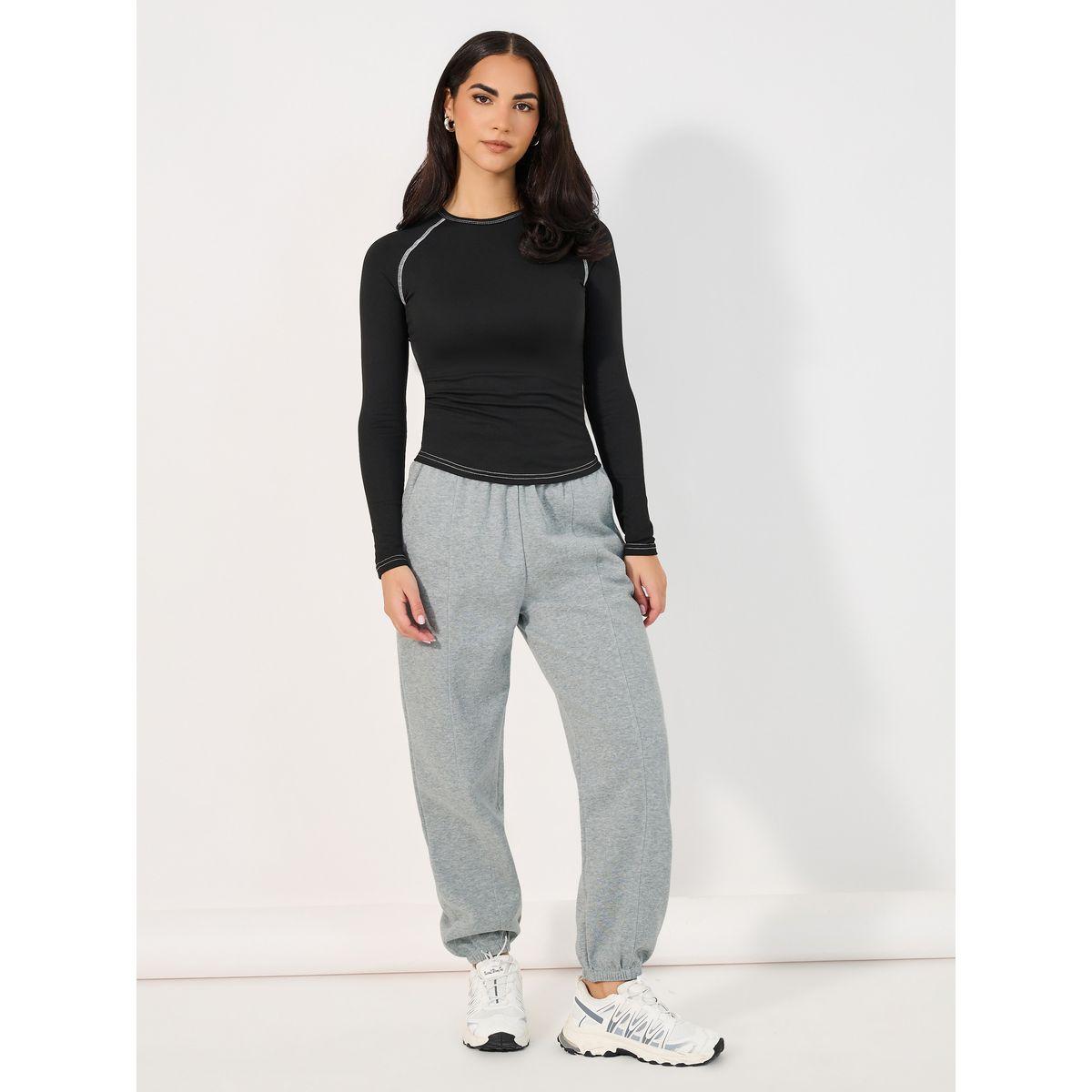 Styli Solid Cuffed Joggers with Drawstring-women-clothing-bottoms-joggers-image-1