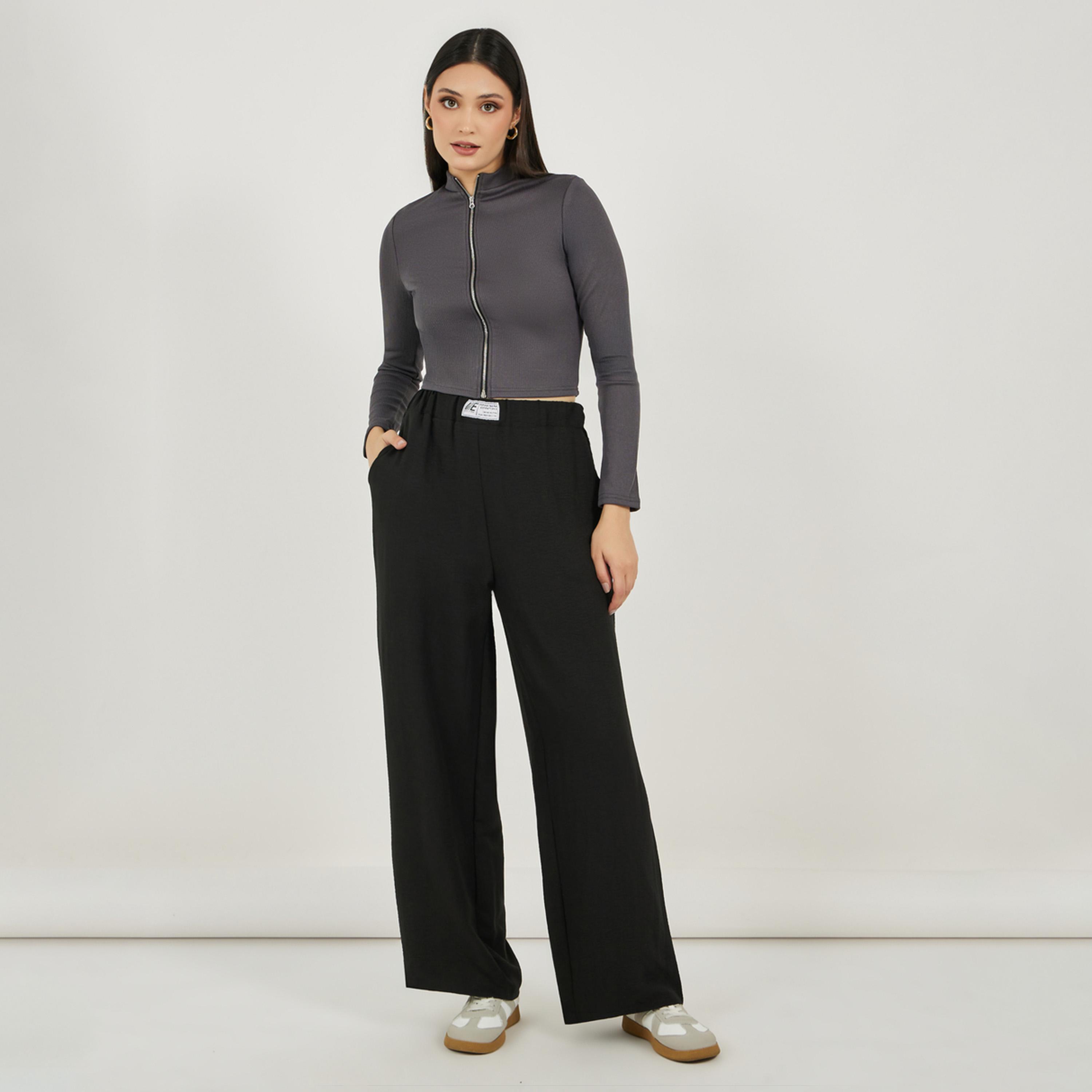 ستايلي - بنطال واسع الساق بخصر متوسط الارتفاع مع تفاصيل شارة-women-clothing-bottoms-trousers-image-1