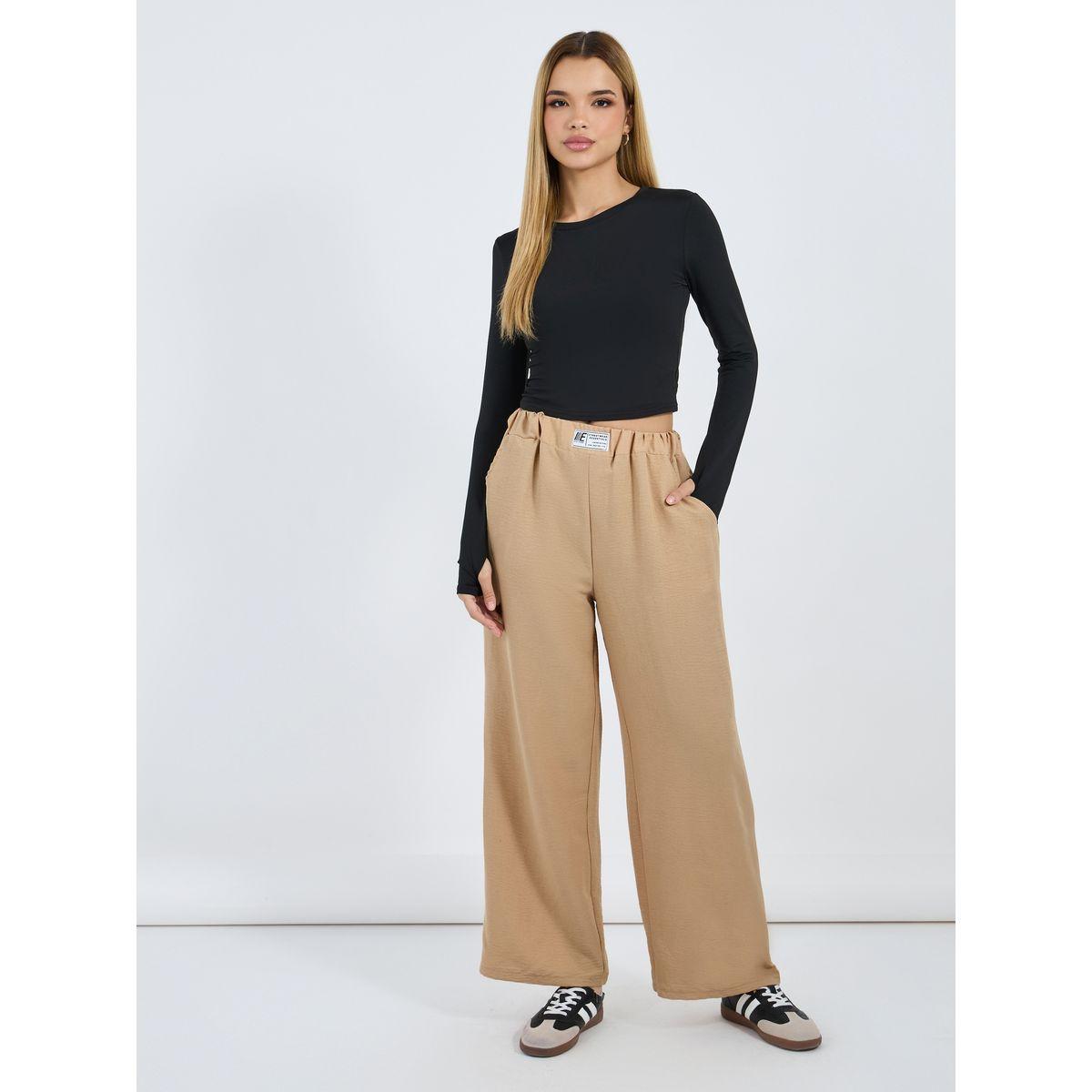 بنطال واسع الساق ومتوسط ​​الارتفاع مع تفاصيل شارة-women-clothing-bottoms-trousers-image-1