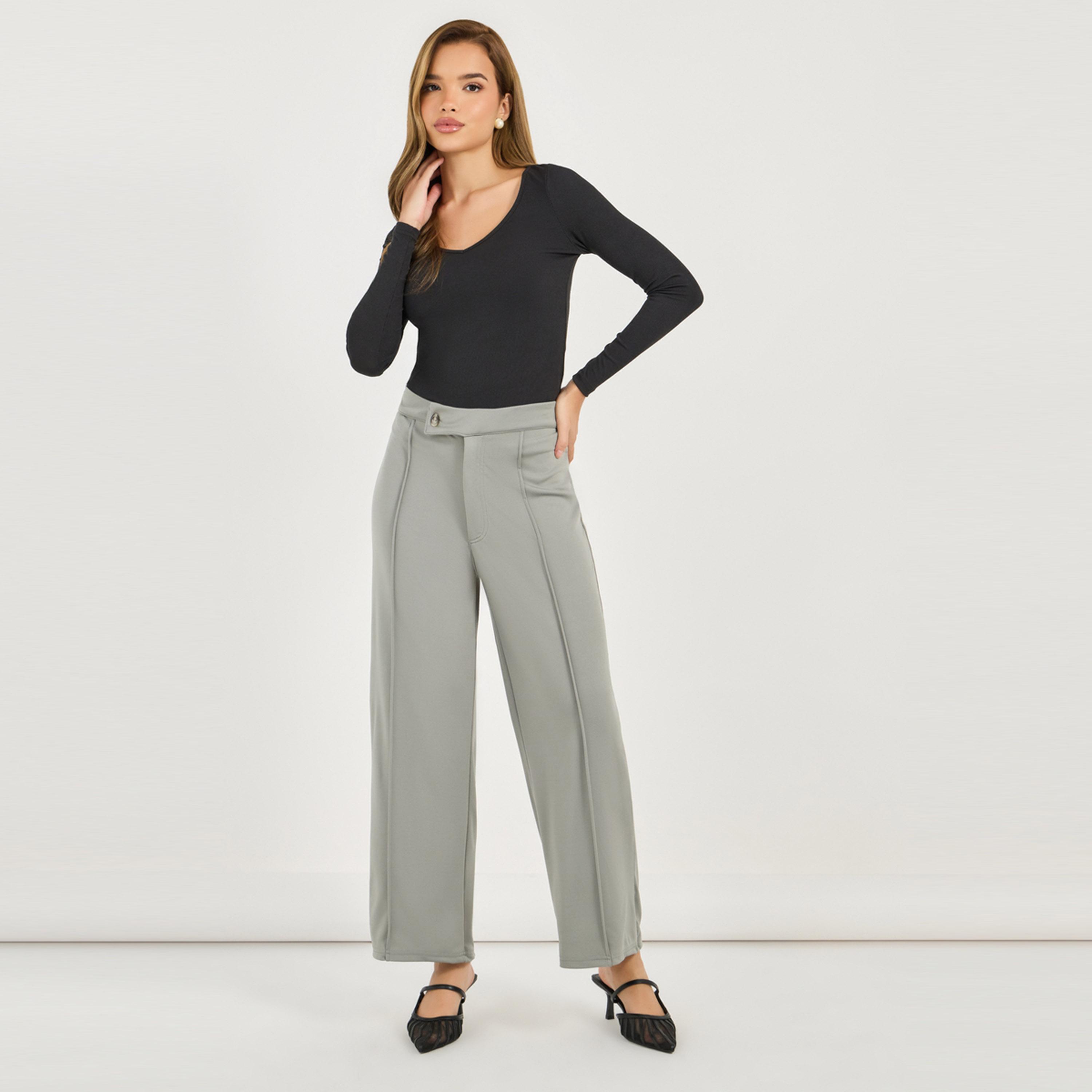 Styli Solid Pintuck Detail Straight Fit Pants-women-clothing-bottoms-trousers-image-1