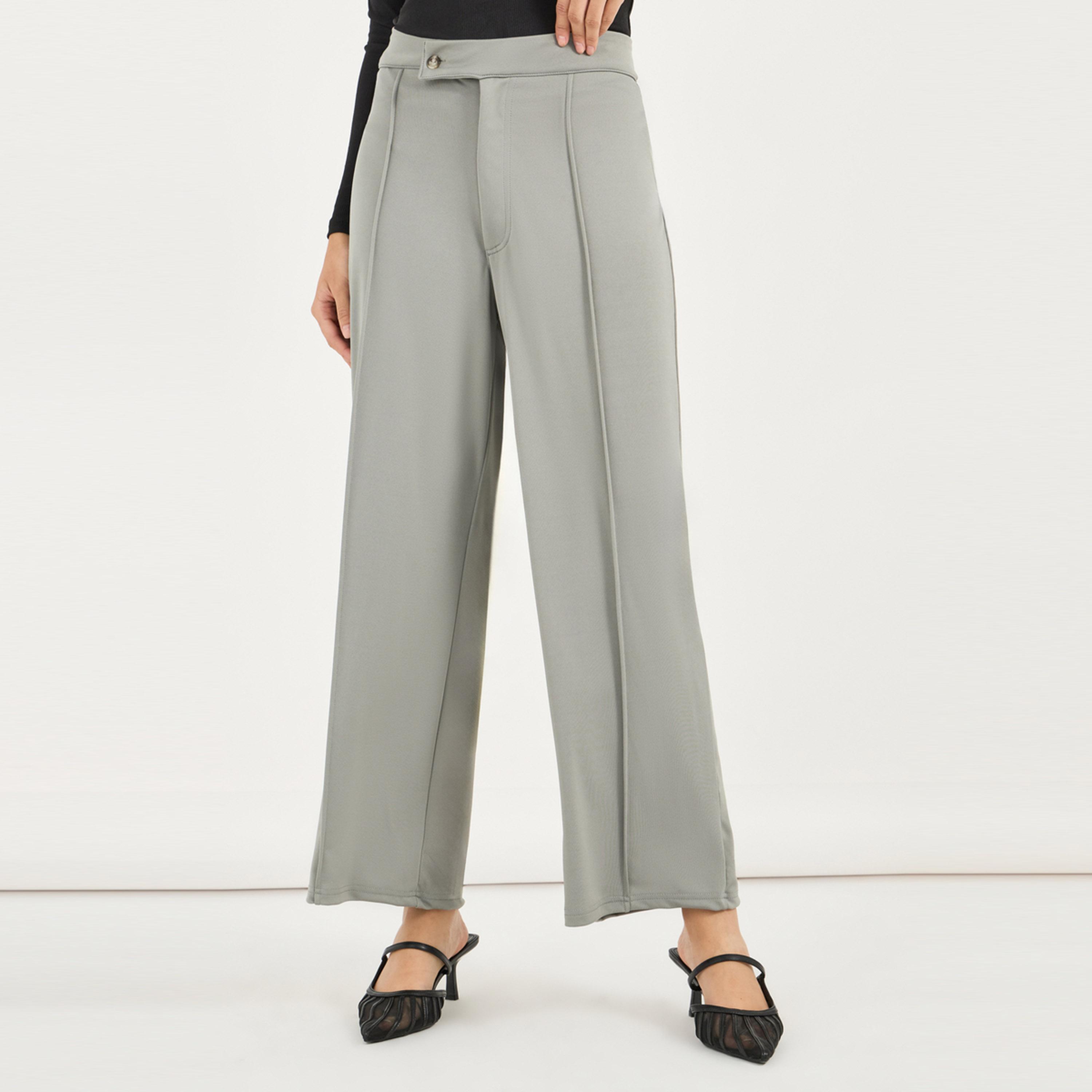 ستايلي - بنطال بقصّة مستقيمة وتفاصيل كشكش بلون سادة-women-clothing-bottoms-trousers-image-2
