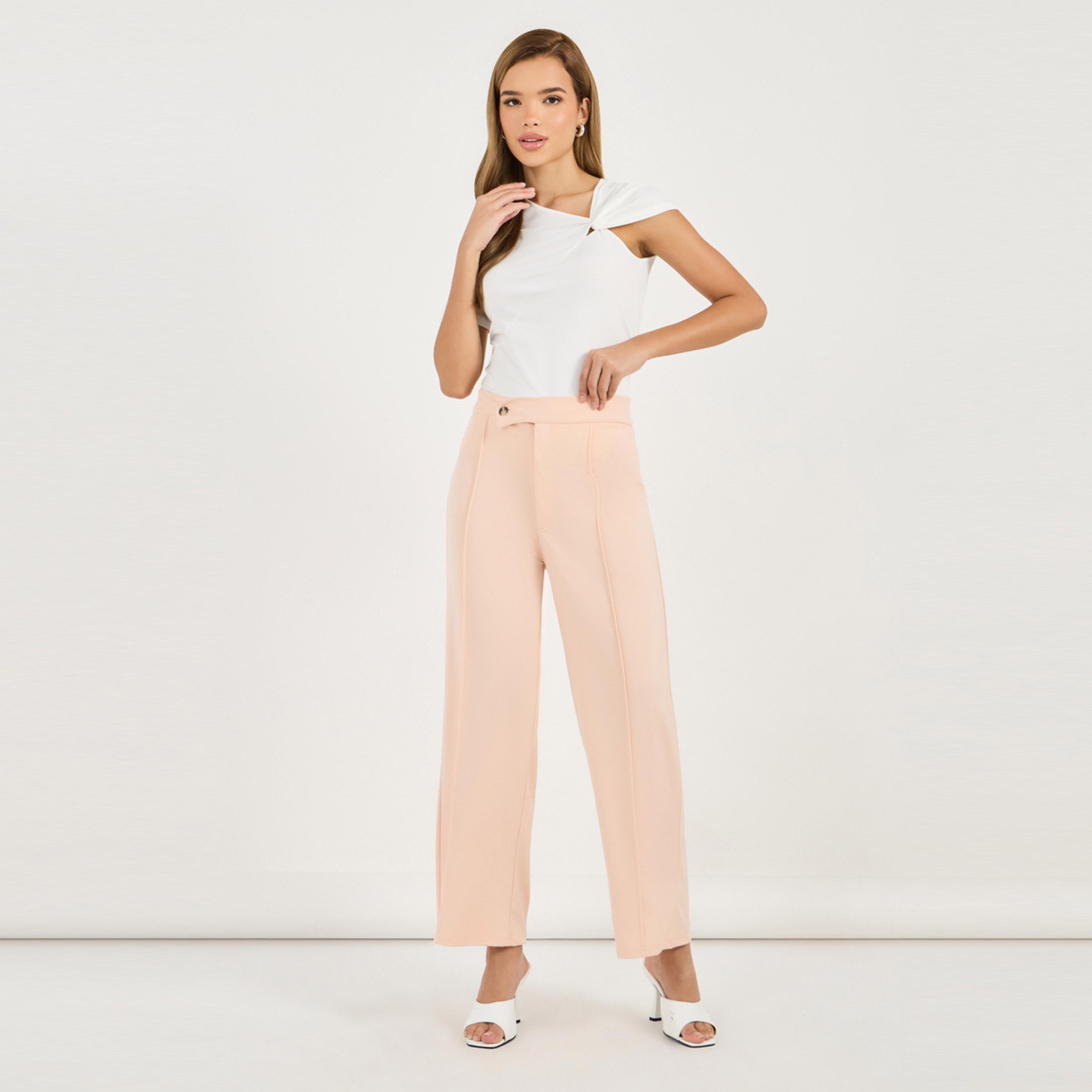 Styli Solid Pintuck Detail Straight Fit Pants-women-clothing-bottoms-trousers-image-1