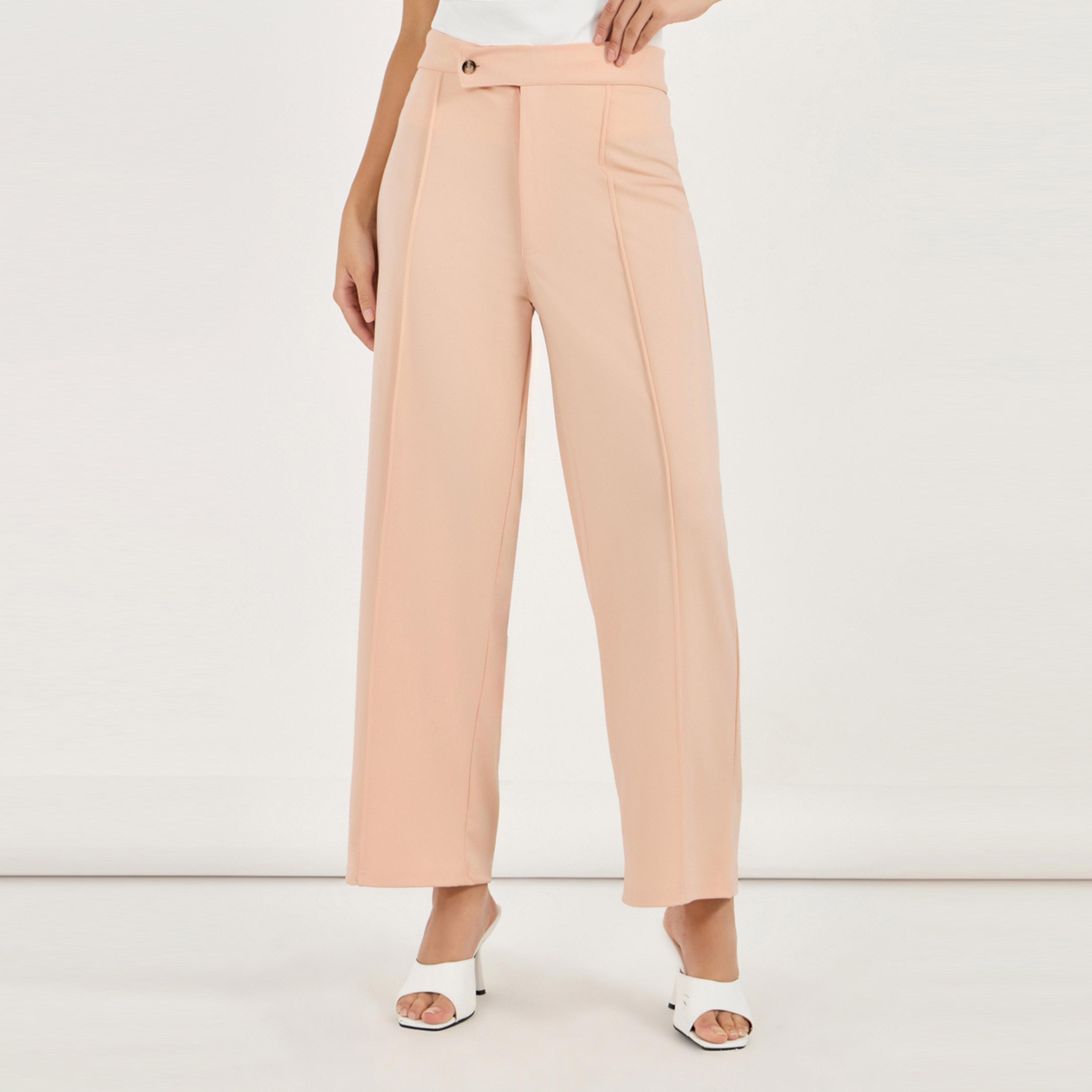ستايلي - بنطال بقصّة مستقيمة وتفاصيل كشكش بلون سادة-women-clothing-bottoms-trousers-image-2