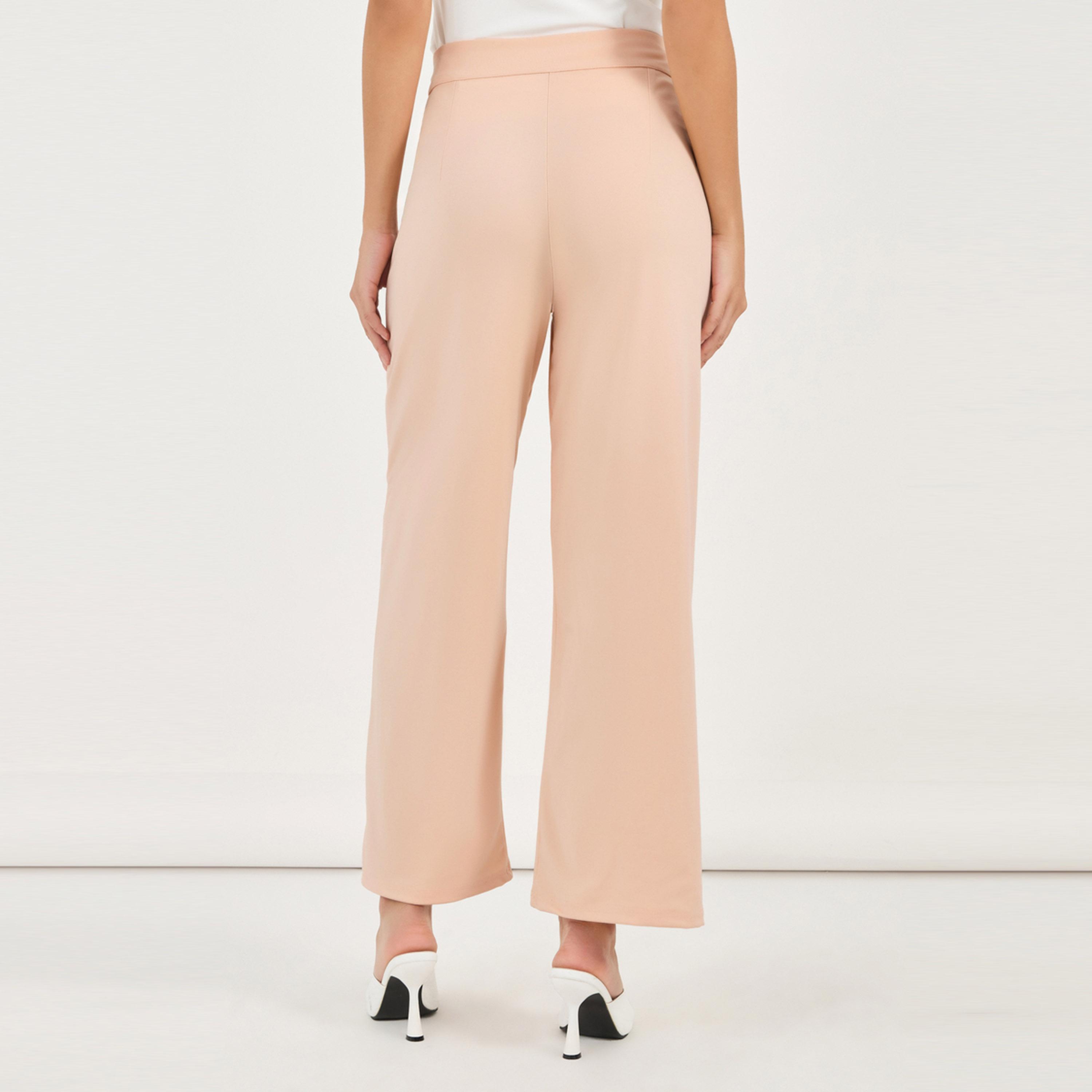ستايلي - بنطال بقصّة مستقيمة وتفاصيل كشكش بلون سادة-women-clothing-bottoms-trousers-image-4