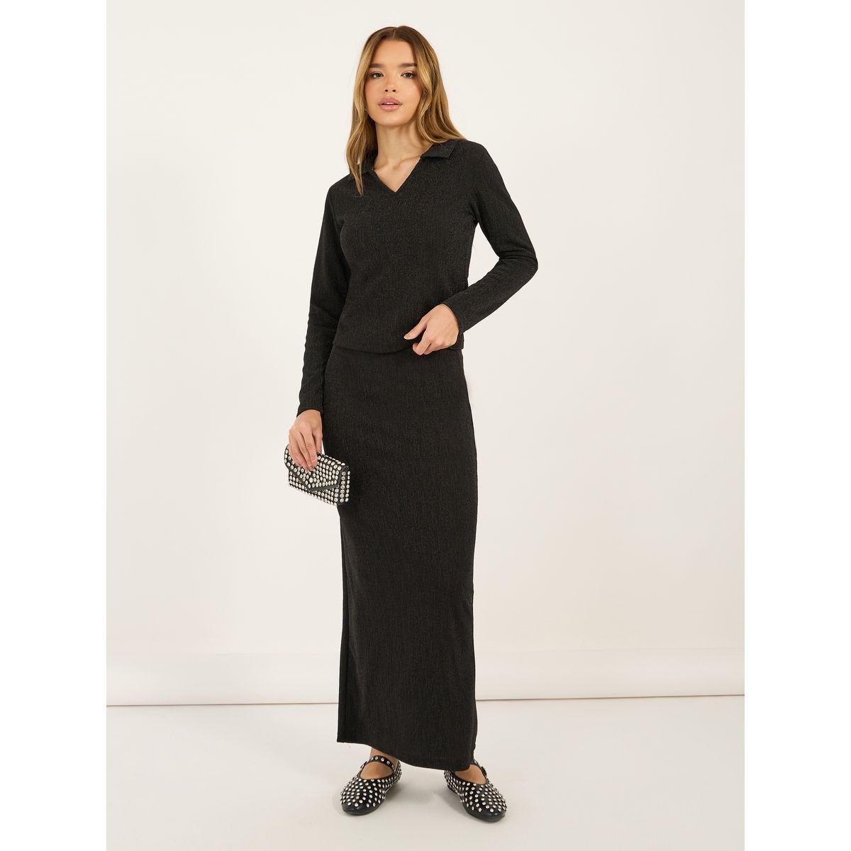 Styli Glitter Look Stretch Fitted Knit Top and Bodycon Maxi Skirt Co-Ords-women-clothing-coordsets-image-1