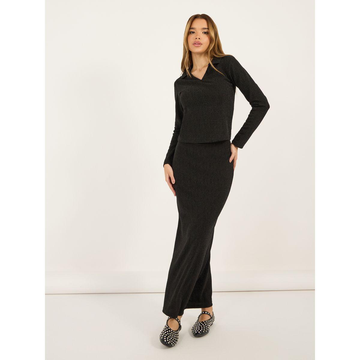 Styli Glitter Look Stretch Fitted Knit Top and Bodycon Maxi Skirt Co-Ords-women-clothing-coordsets-image-2