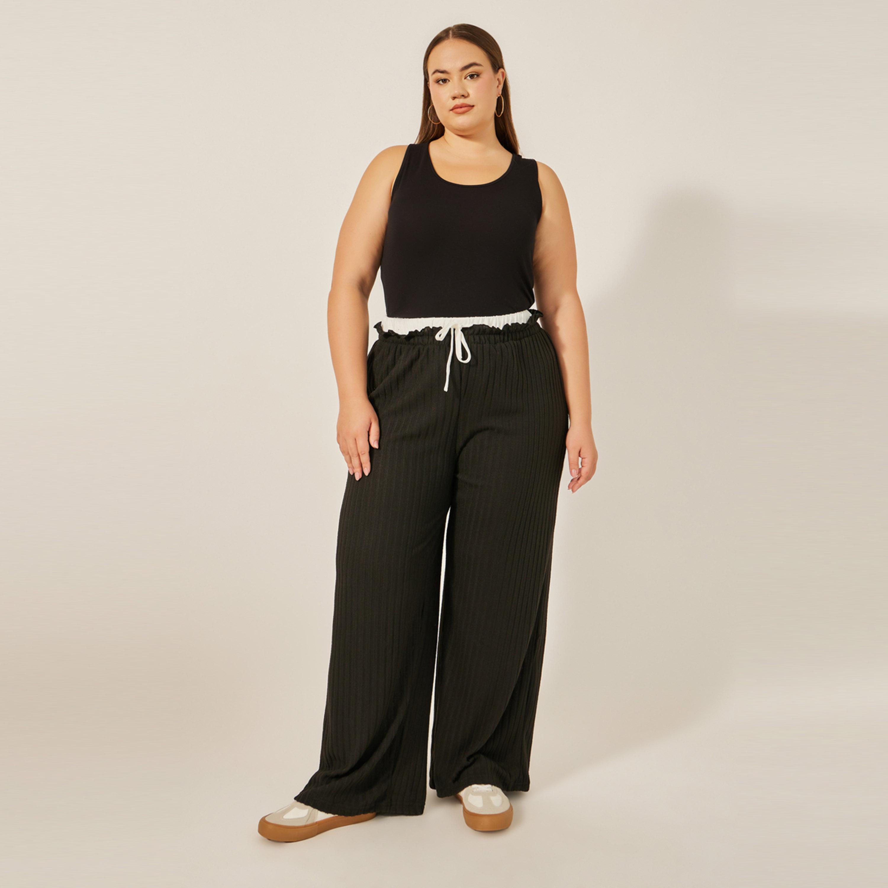 ستايلي - بنطال مقاس كبير مخطط بخصر مرتفع وساق واسعة مع رباط-women-clothing-bottoms-trousers-image-2