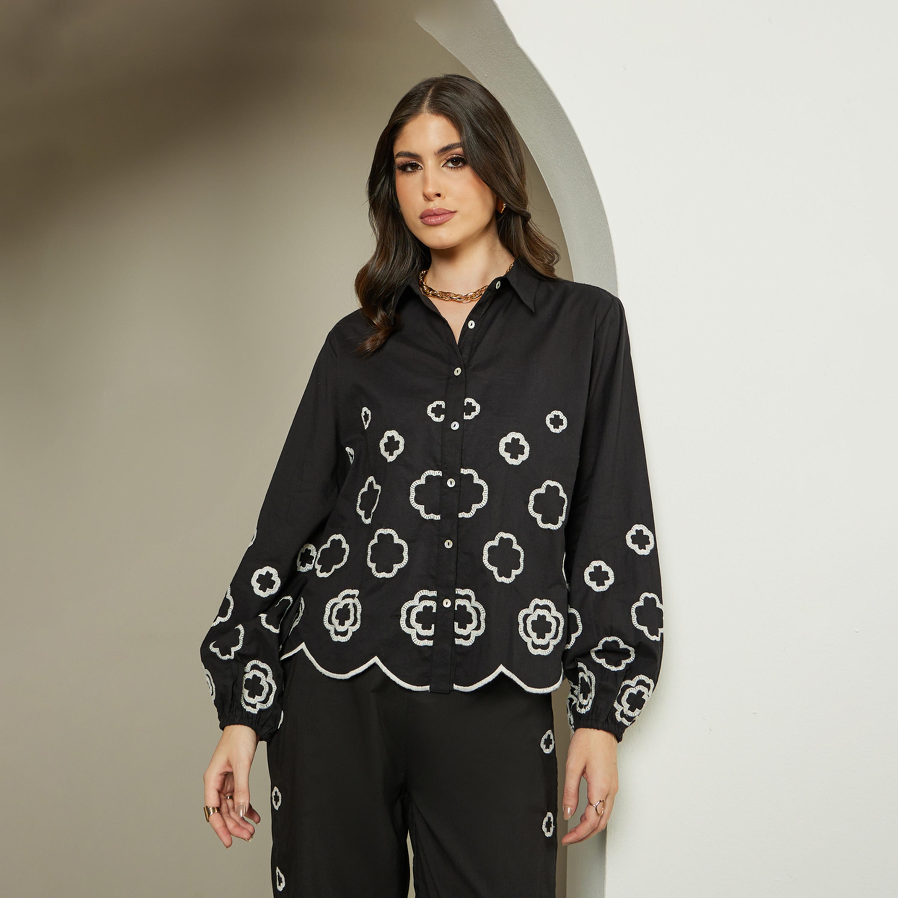 ستايلي - قميص شيفلي مطرز بأكمام منفوخة وياقة-women-clothing-shirtsandblouses-shirts-image-1