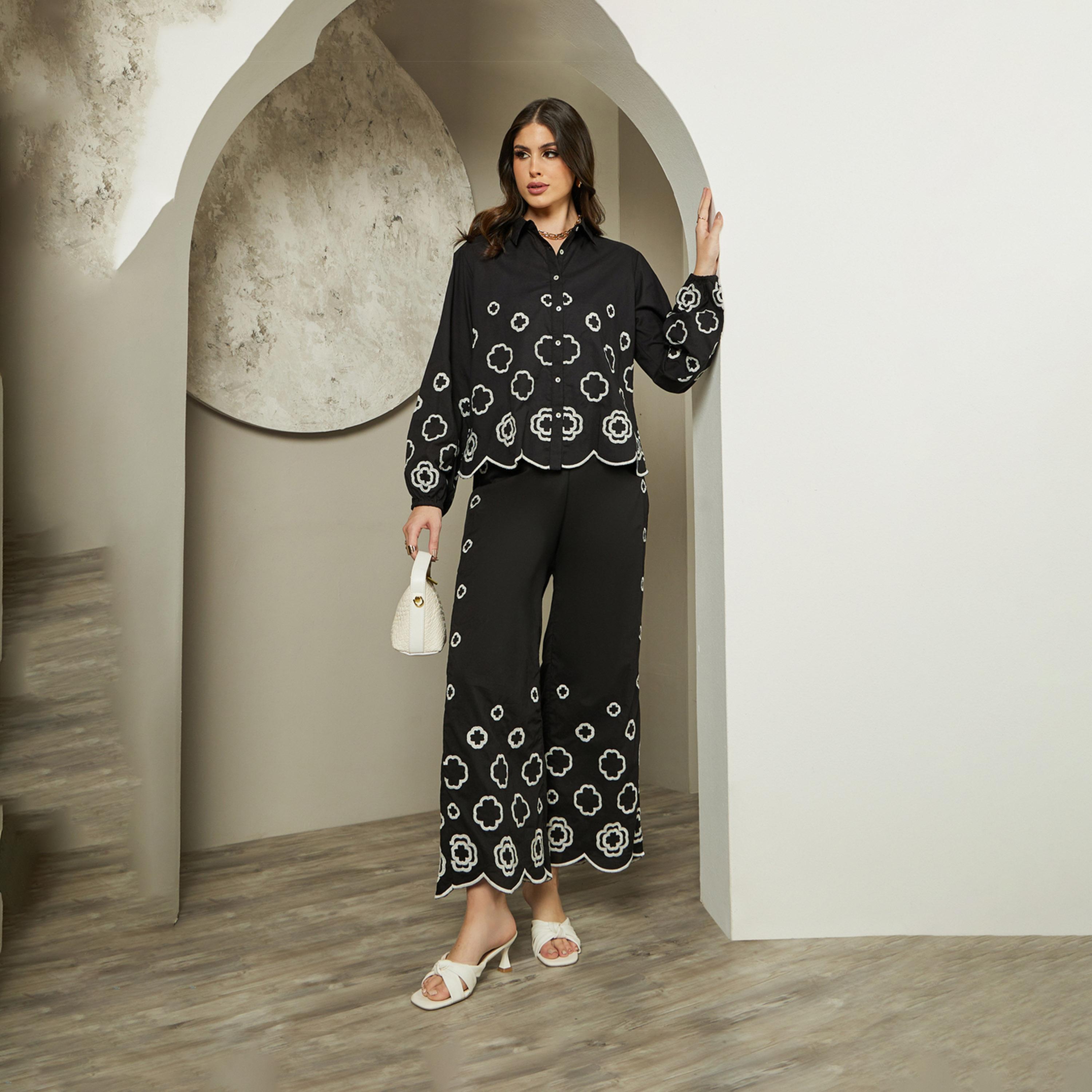 Styli Embroidered Schiffli Balloon Sleeve Collared Shirt-women-clothing-shirtsandblouses-shirts-image-2