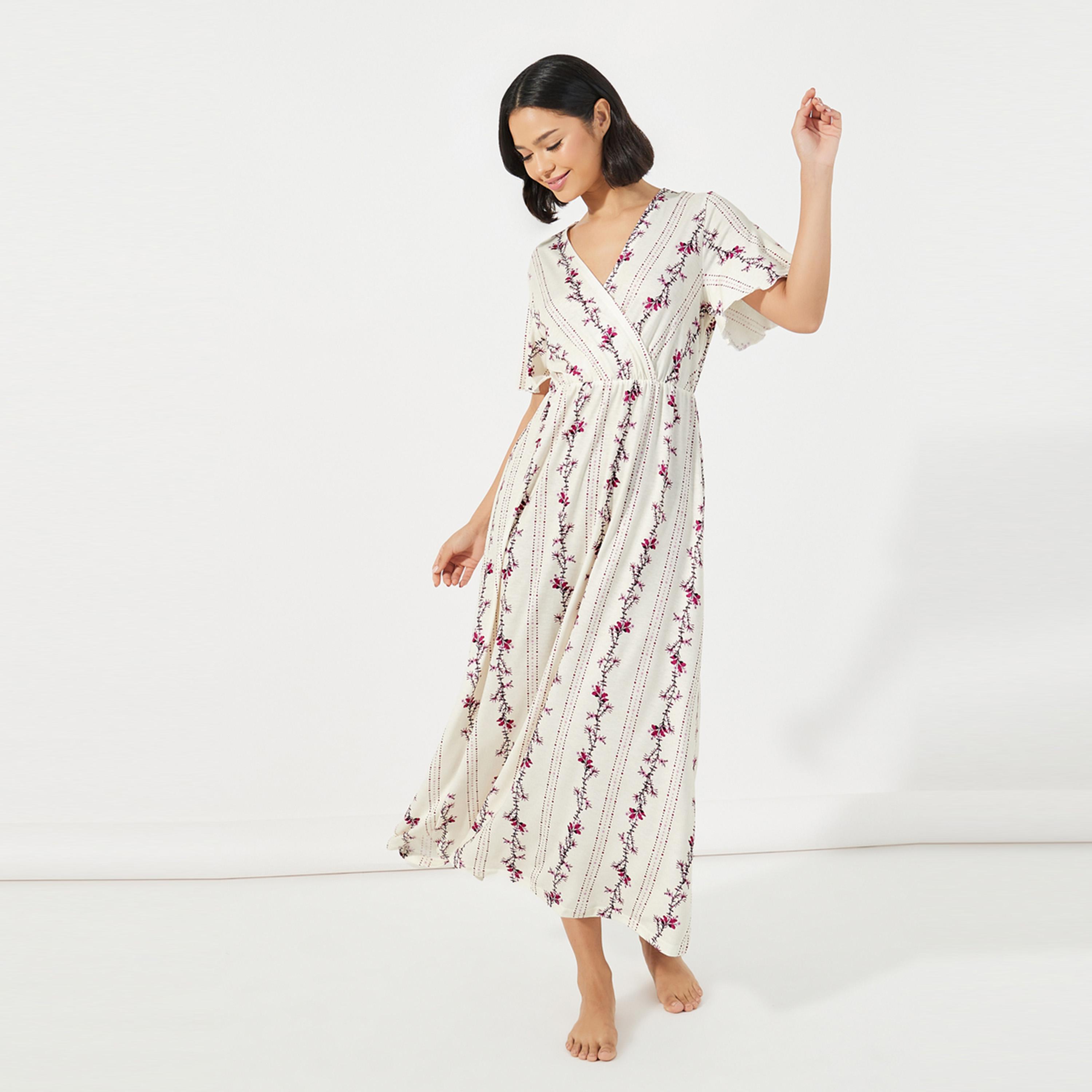 Styli Unwind Linear Floral Print Wrap Over Nightdress-women-clothing-nightwear-nighties-image-1