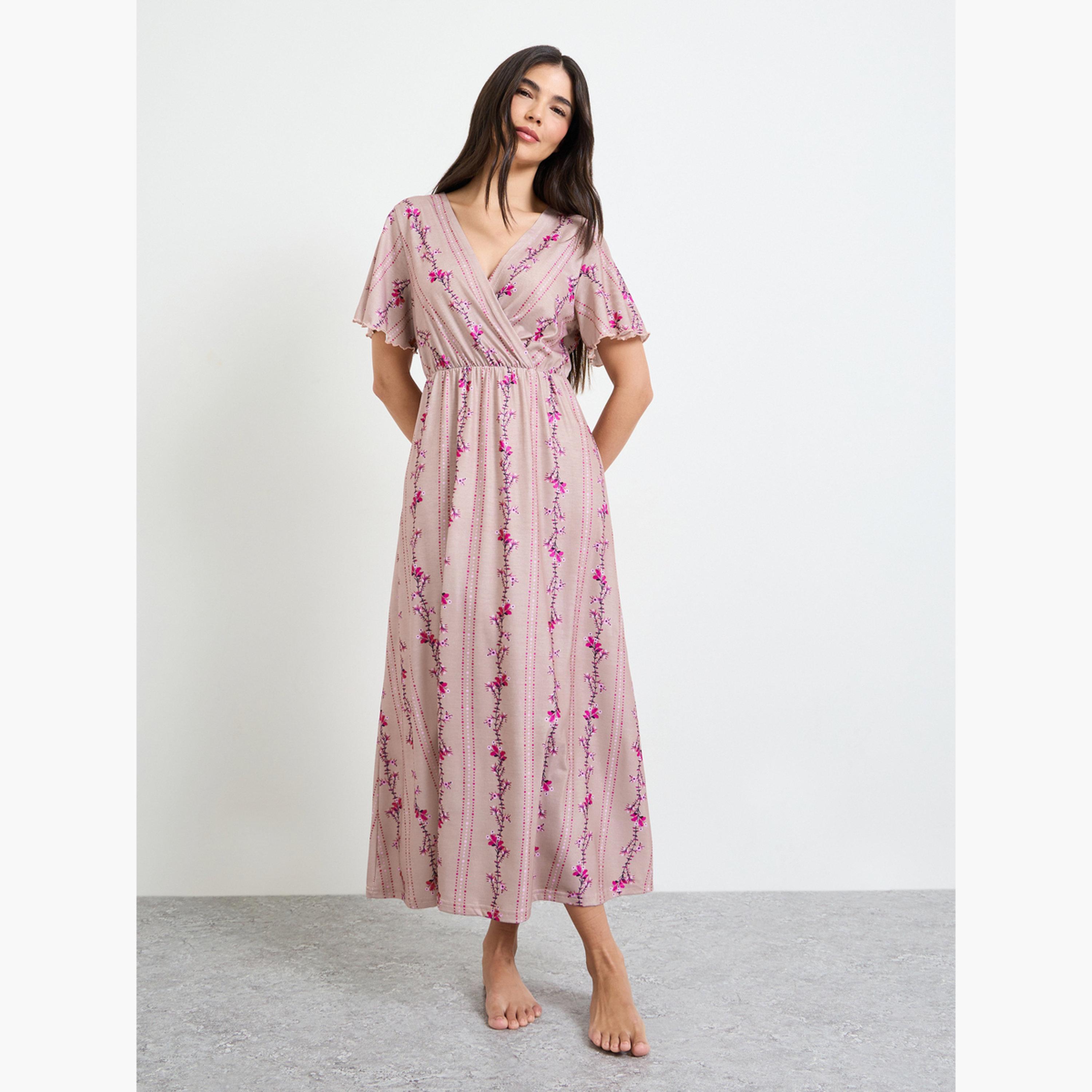 Styli Linear Floral Print Wrap Over Nightdress-women-clothing-nightwear-nighties-image-1