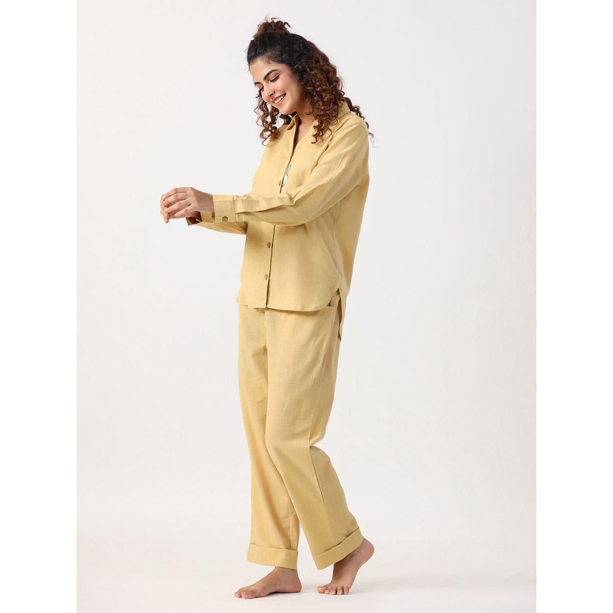 طقم من بنطال بيجاما وبلوزة قطن سادة سانسكريتي هومز × ستايلي-women-clothing-nightwear-pyjamas-longsets-image-2