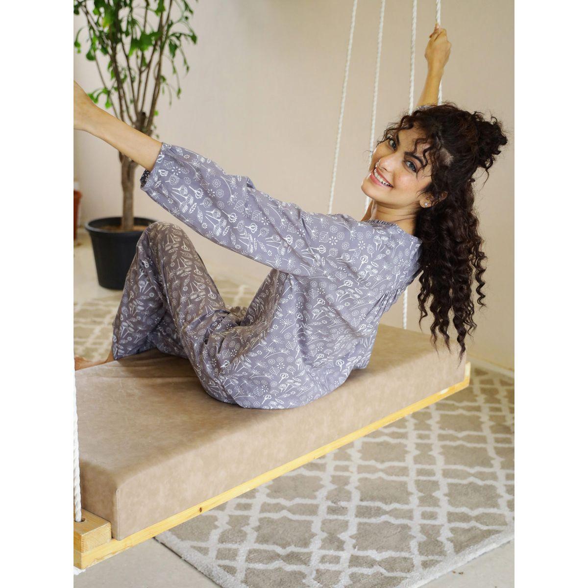 Sanskrutihomes X Styli  Floral Print Cotton V Neck Top & Pyjama Set-women-clothing-nightwear-pyjamas-longsets-image-5