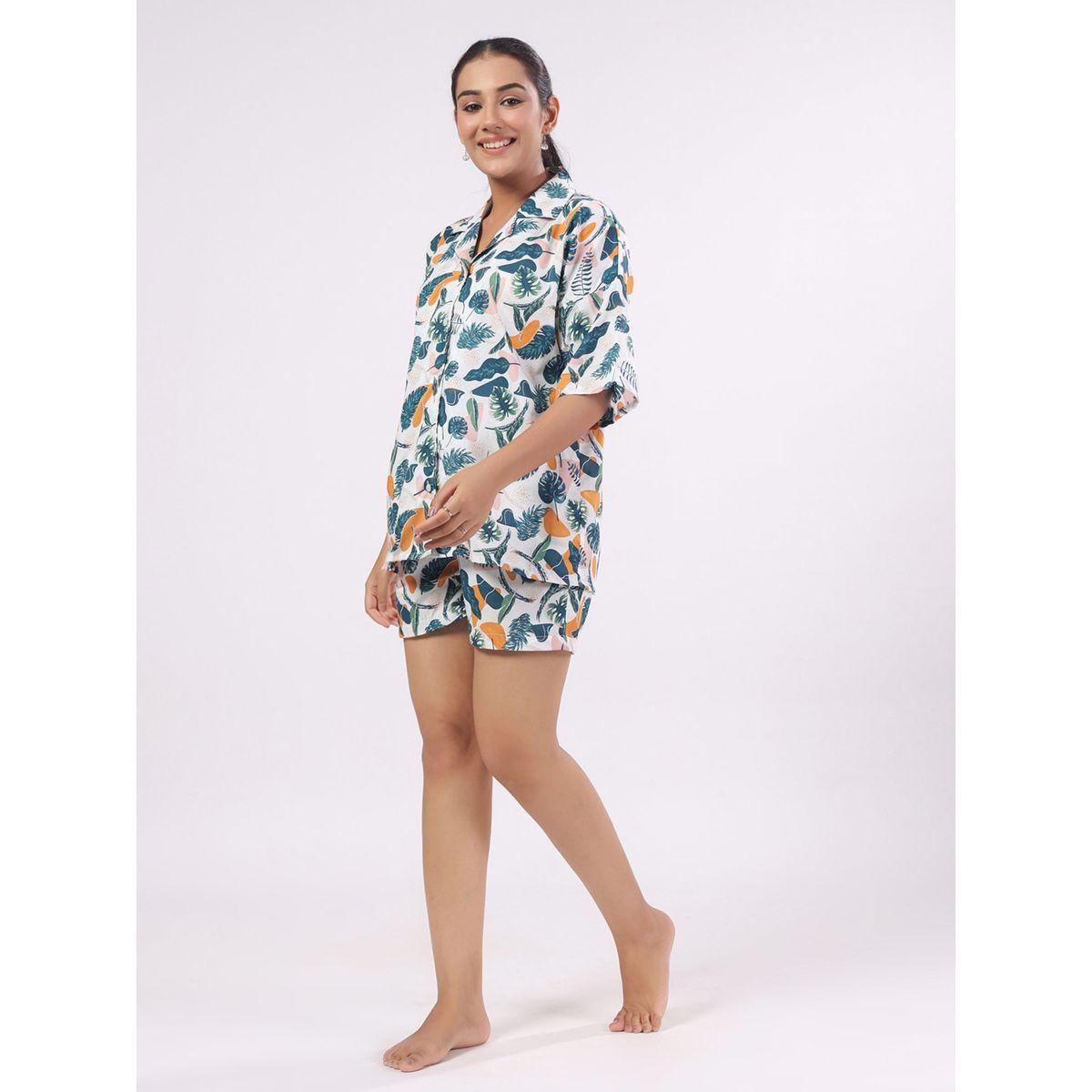 مجموعة من شورت وبلوزة بطبعة استوائية سانسكريتي هومز × ستايلي-women-clothing-nightwear-pyjamas-shortsets-image-4