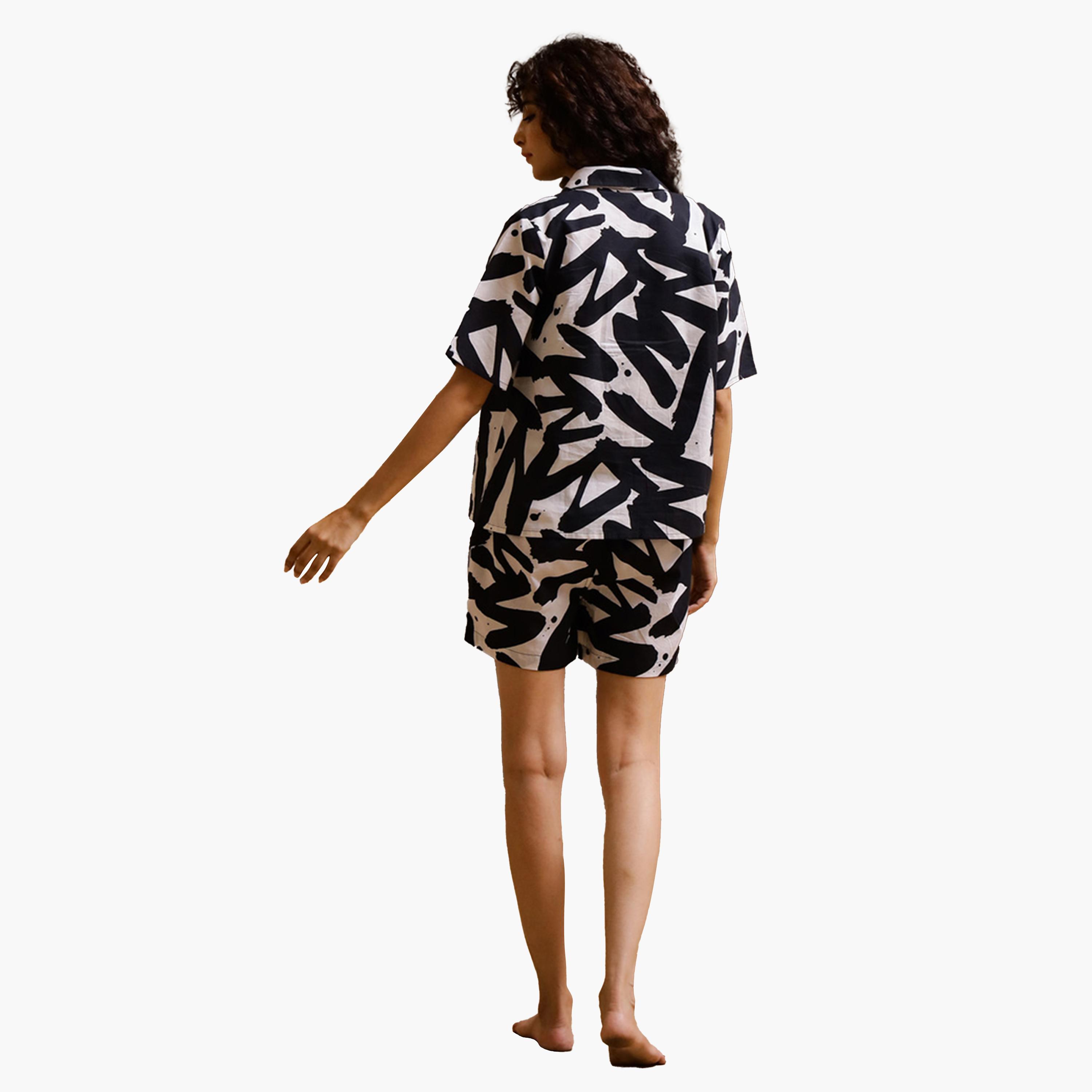 Sanskrutihomes X Styli All-Over Print Collared Shirt with Top and Pyjama Set-women-clothing-nightwear-pyjamas-shortsets-image-2