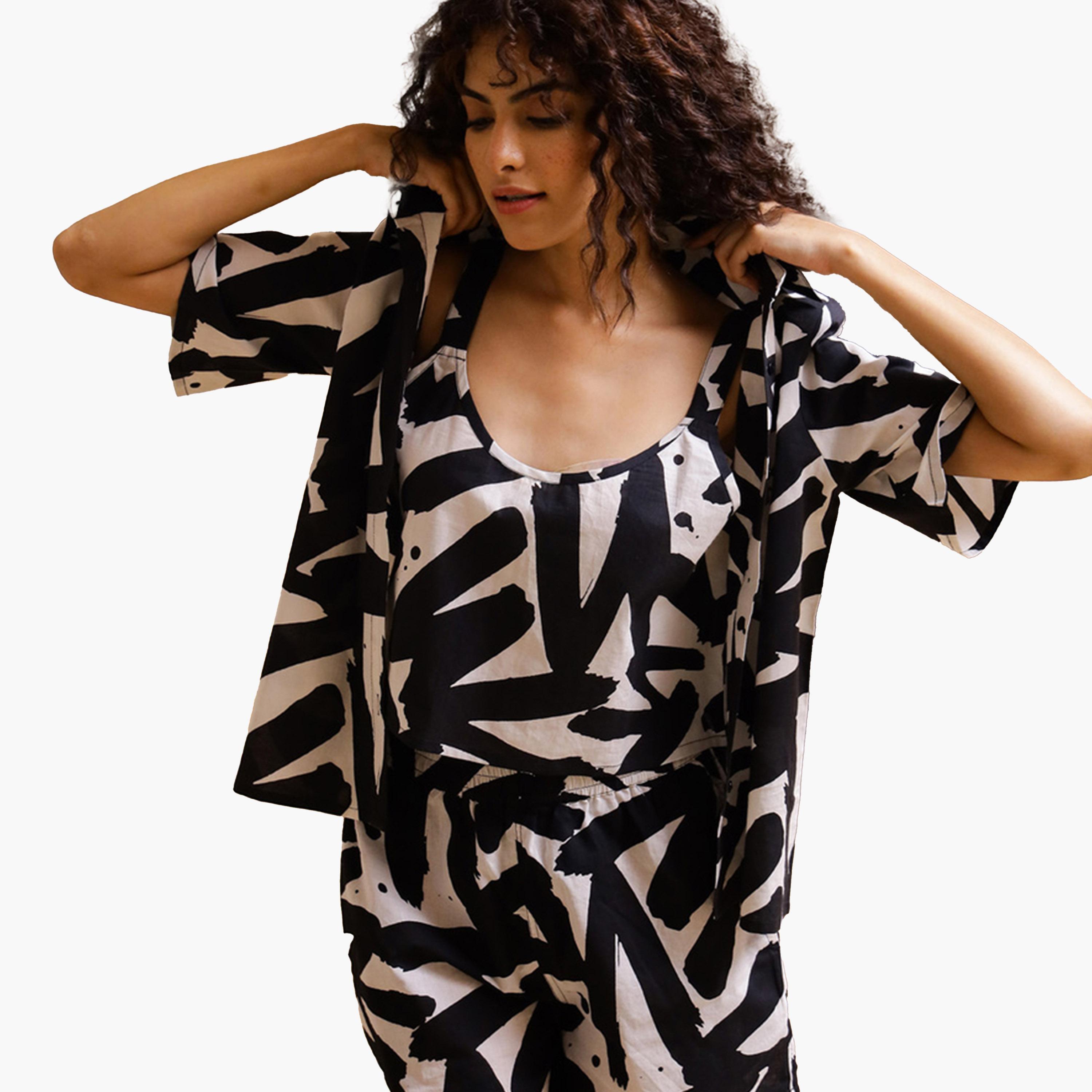 Sanskrutihomes X Styli All-Over Print Collared Shirt with Top and Pyjama Set-women-clothing-nightwear-pyjamas-shortsets-image-4
