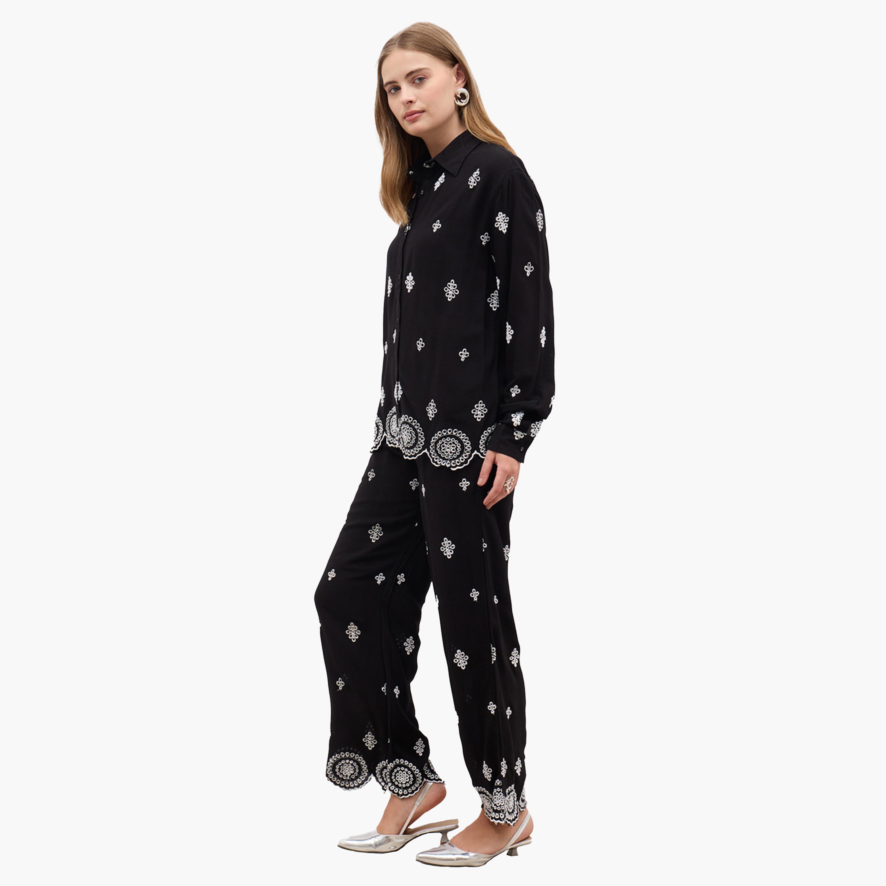 ستايلي - طقم قميص شيفلي بأكمام طويلة وبنطال واسع الساق-women-clothing-coordsets-image-3