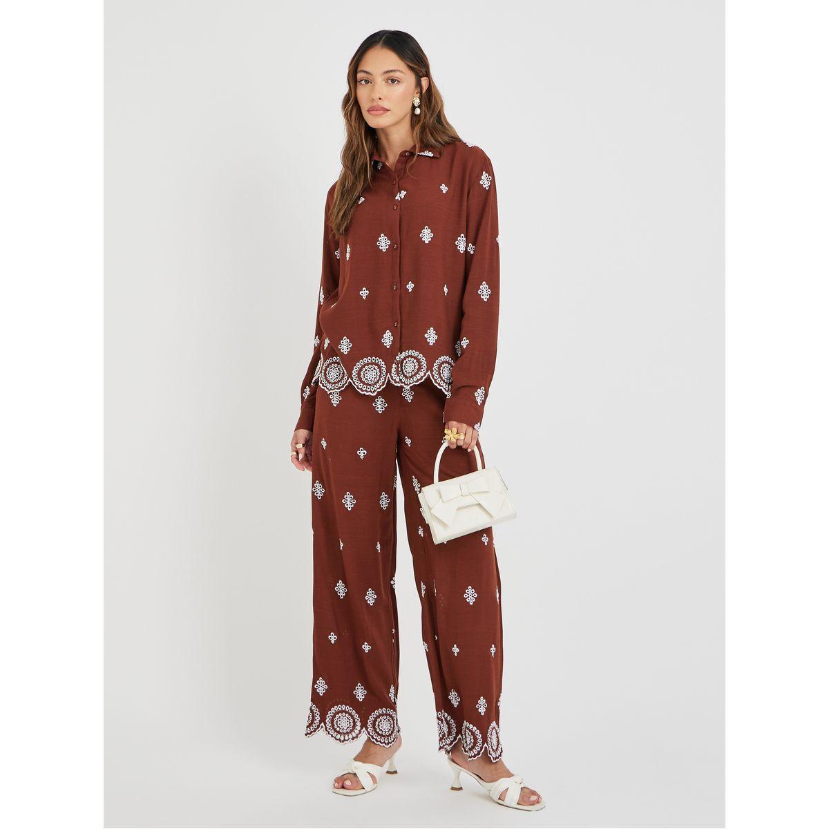 طقم منسق من بنطال وبلوزة شيفلي بأكمام طويلة-women-clothing-coordsets-image-1