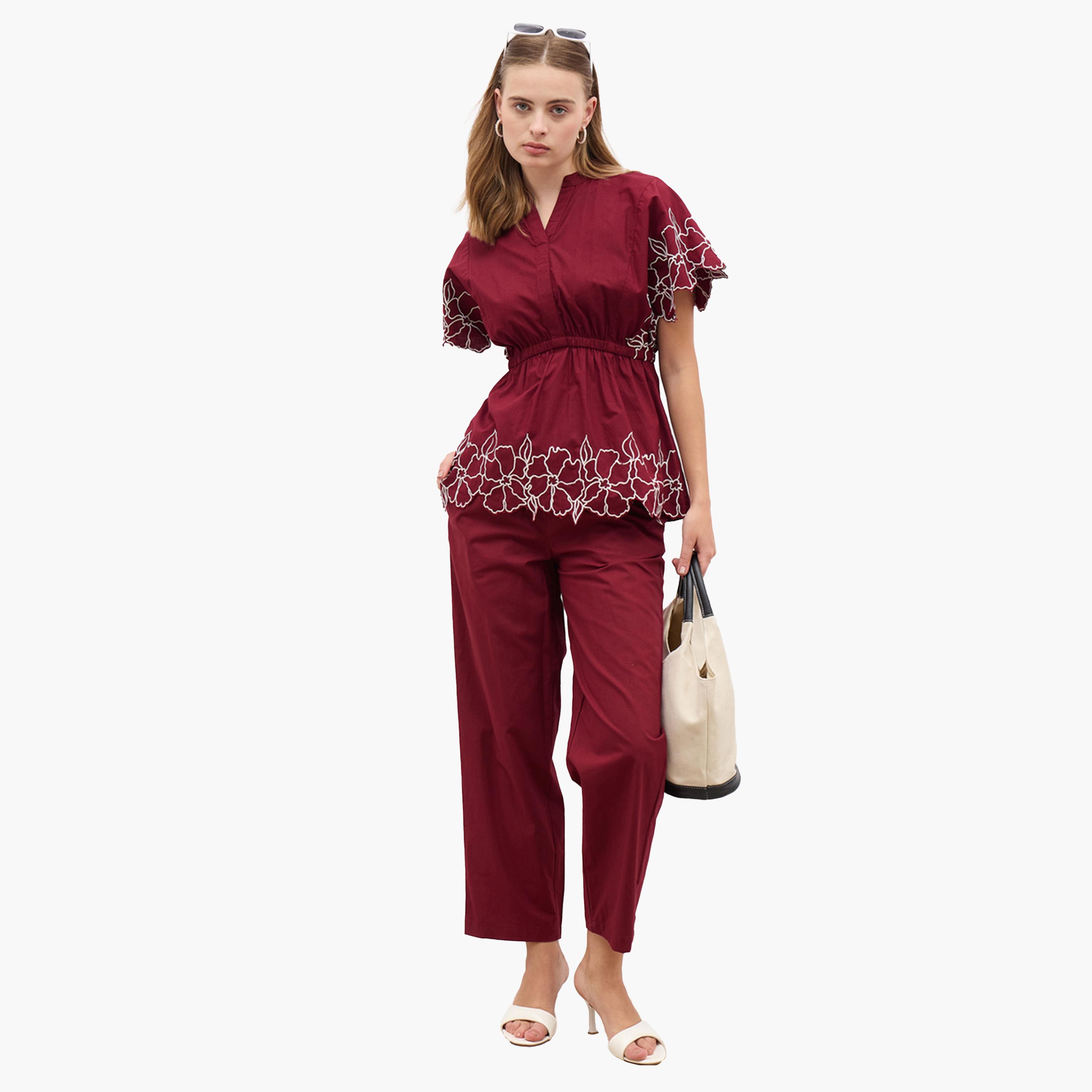 Styli Embroidered Short Sleeve Top and Straight Pants Co-Ords-women-clothing-coordsets-image-1