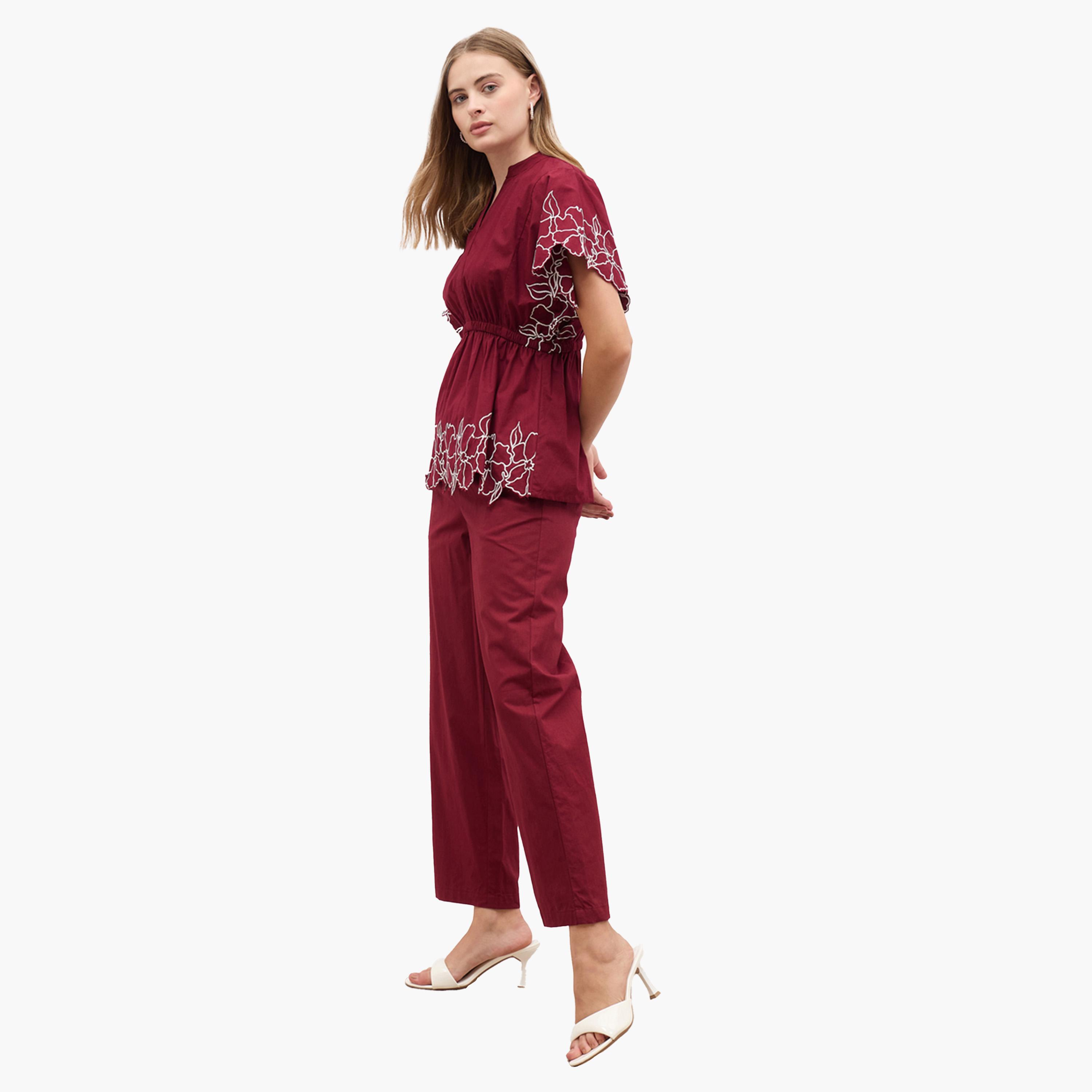 Styli Embroidered Short Sleeve Top and Straight Pants Co-Ords-women-clothing-coordsets-image-3