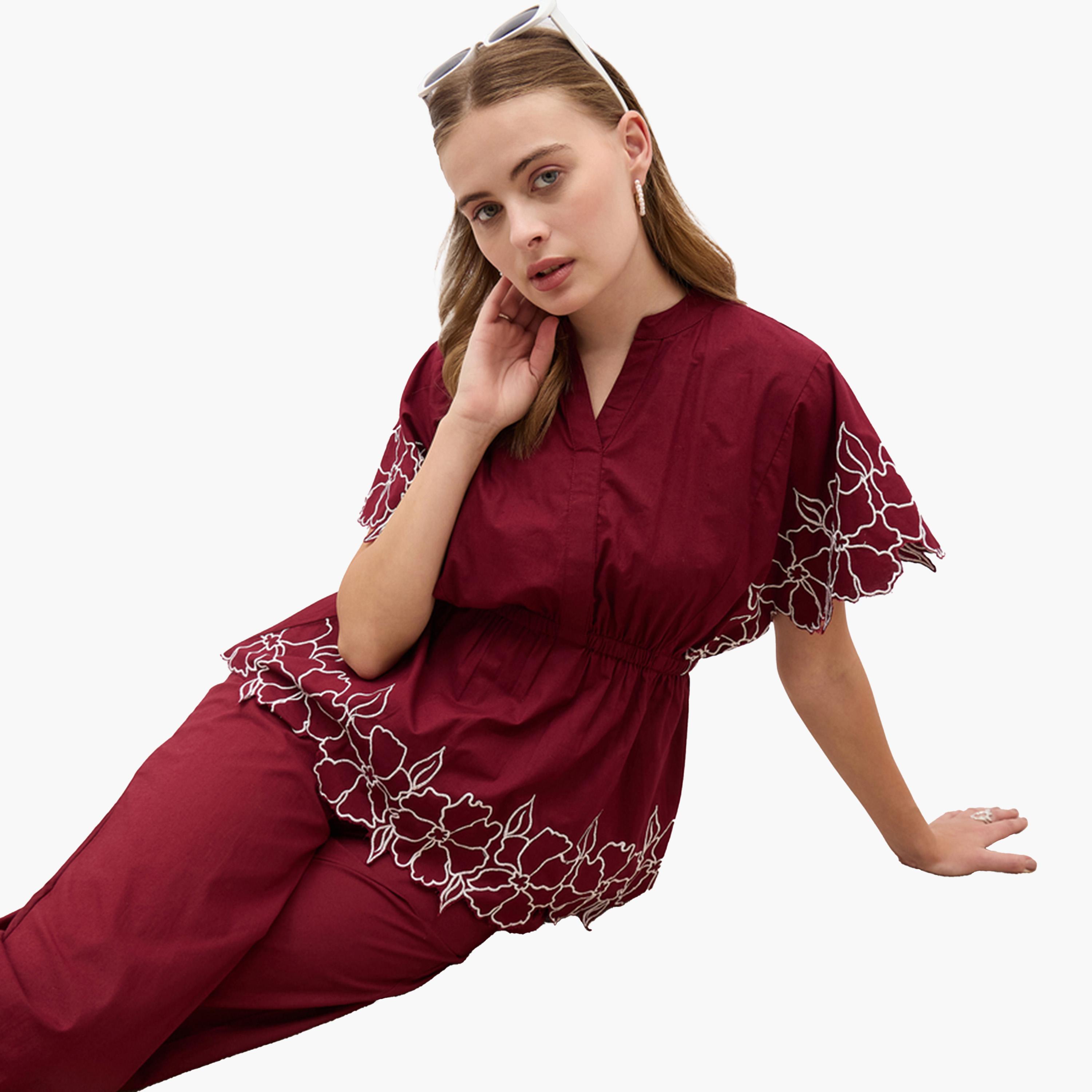 Styli Embroidered Short Sleeve Top and Straight Pants Co-Ords-women-clothing-coordsets-image-6