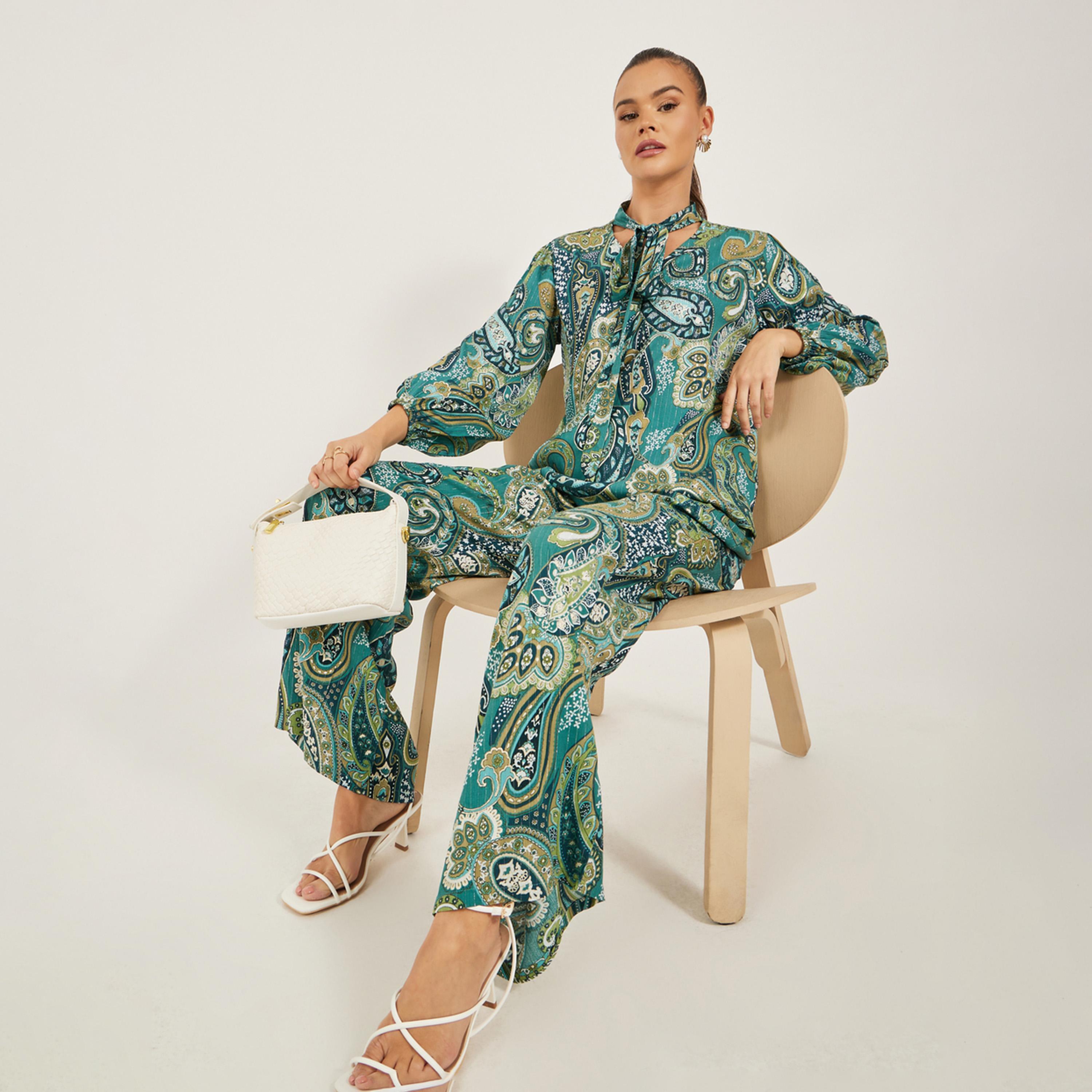 Styli Paisley Print Tie-Up Neck Top and Wide Leg Pants Co-Ords-women-clothing-coordsets-image-1