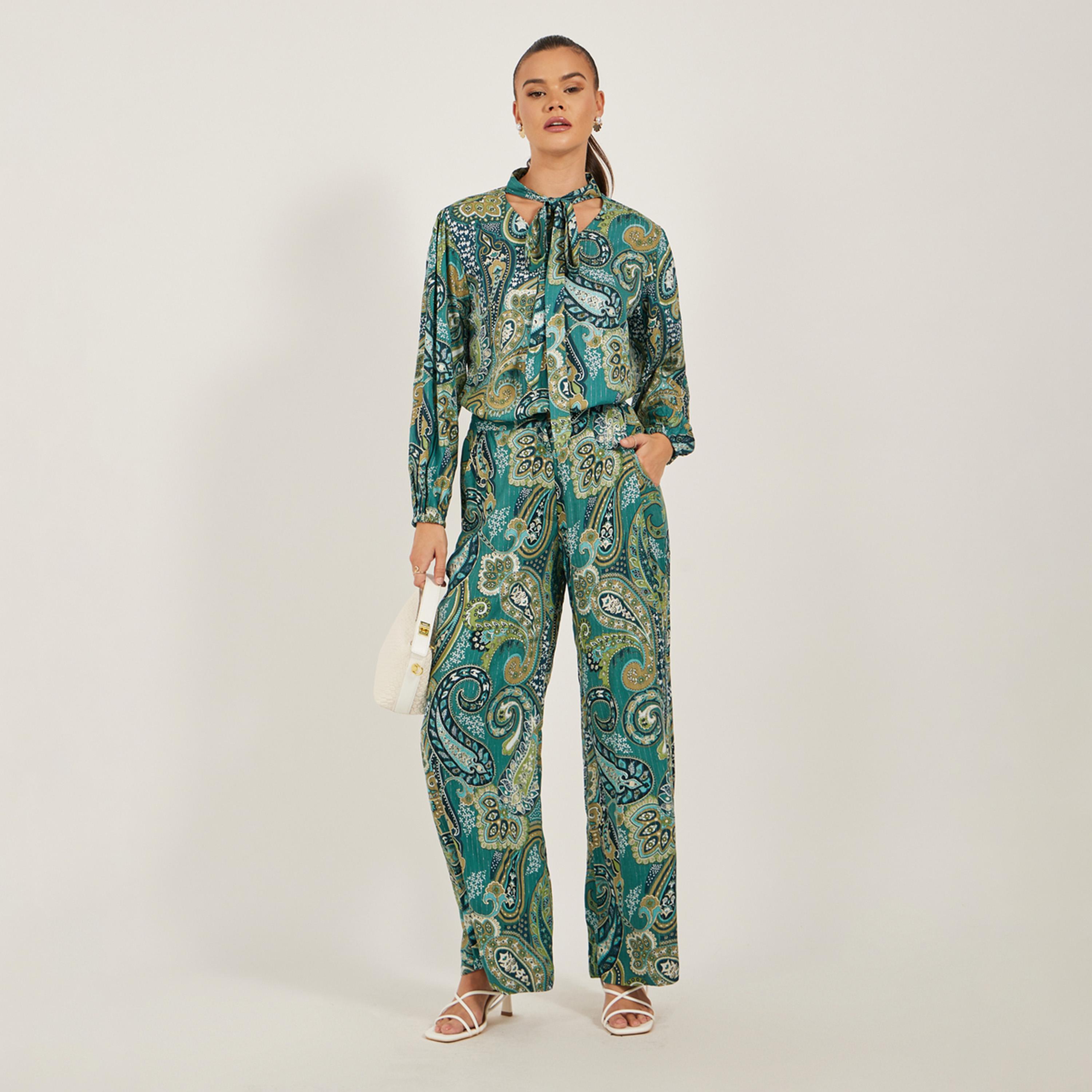 Styli Paisley Print Tie-Up Neck Top and Wide Leg Pants Co-Ords-women-clothing-coordsets-image-2