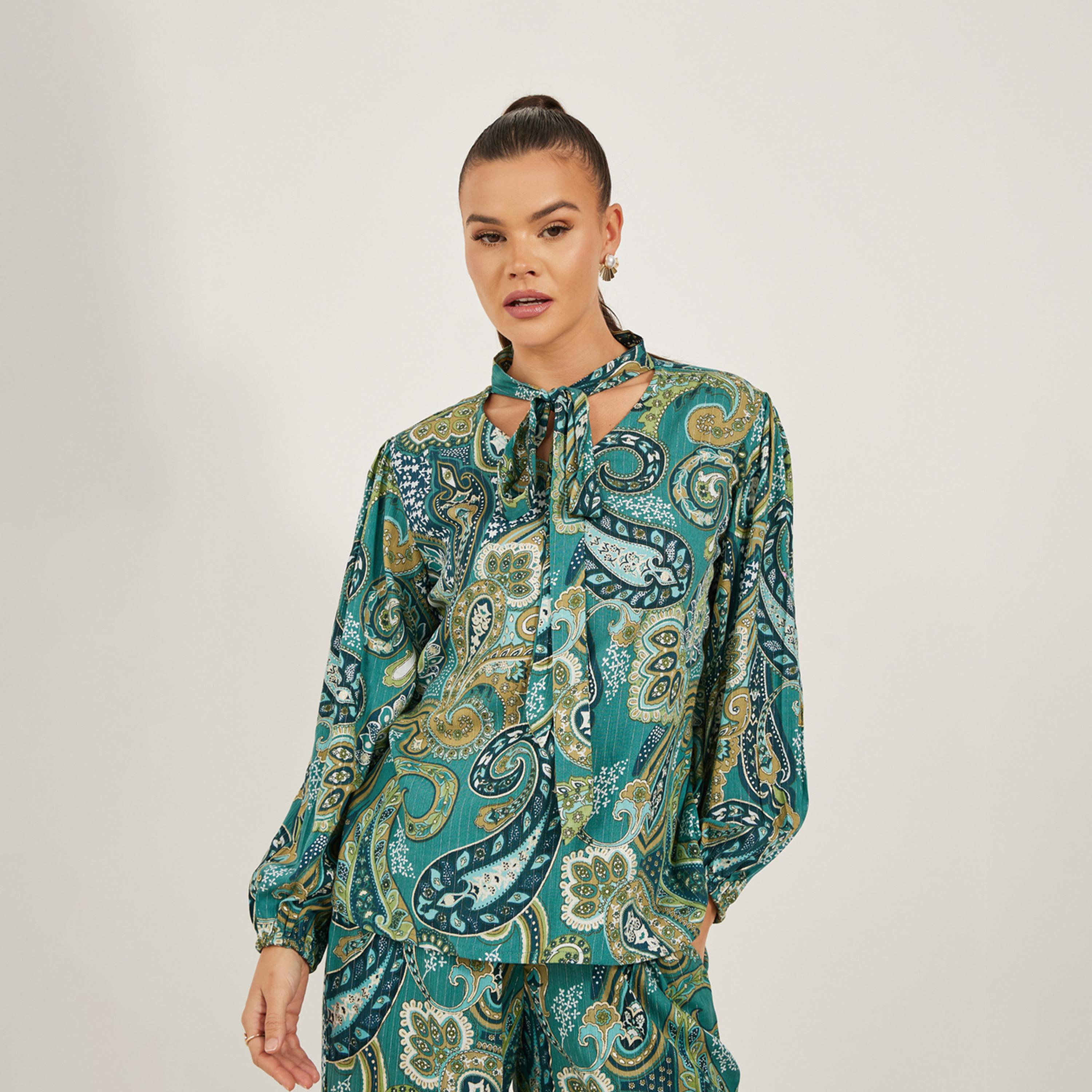 Styli Paisley Print Tie-Up Neck Top and Wide Leg Pants Co-Ords-women-clothing-coordsets-image-3
