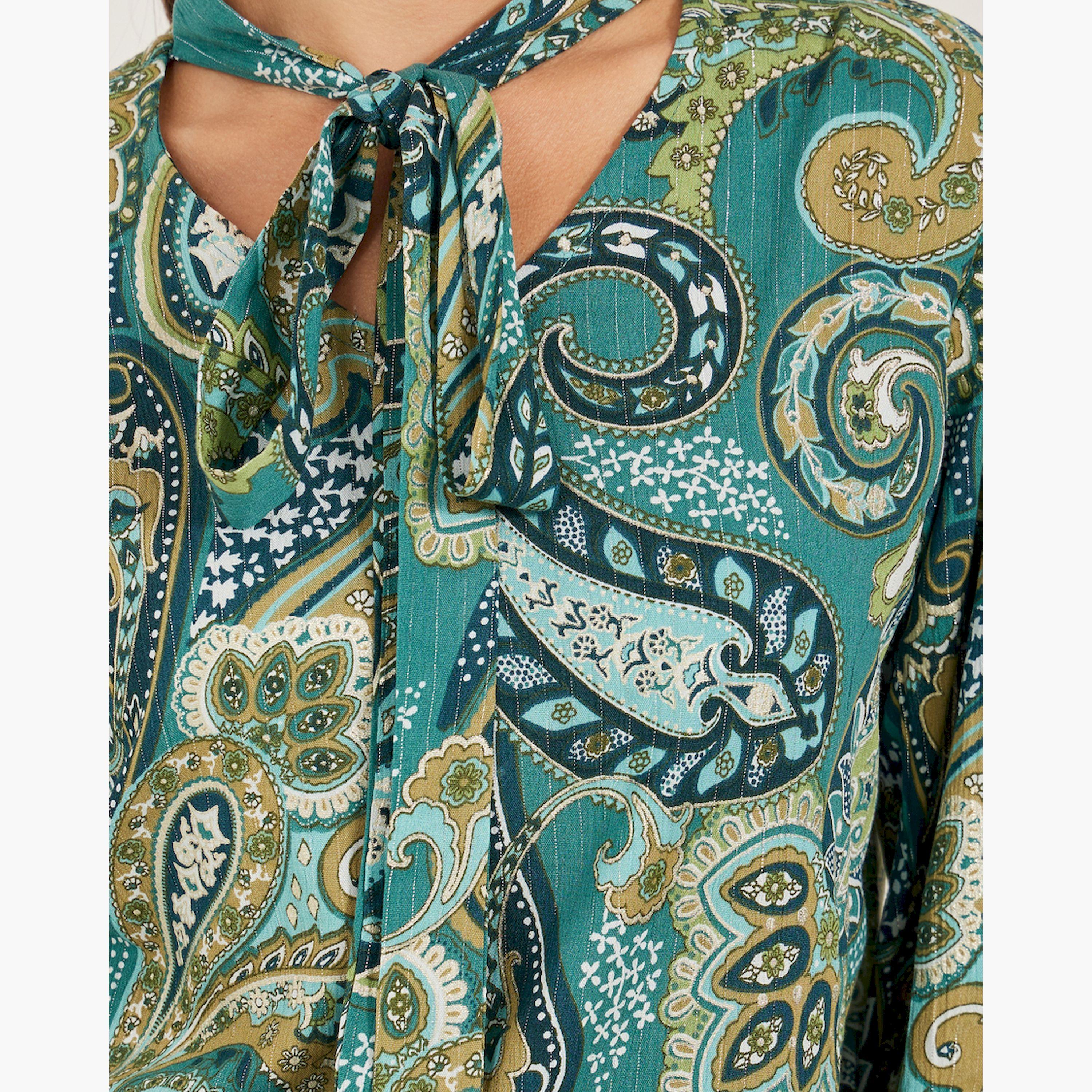 Styli Paisley Print Tie-Up Neck Top and Wide Leg Pants Co-Ords-women-clothing-coordsets-image-4