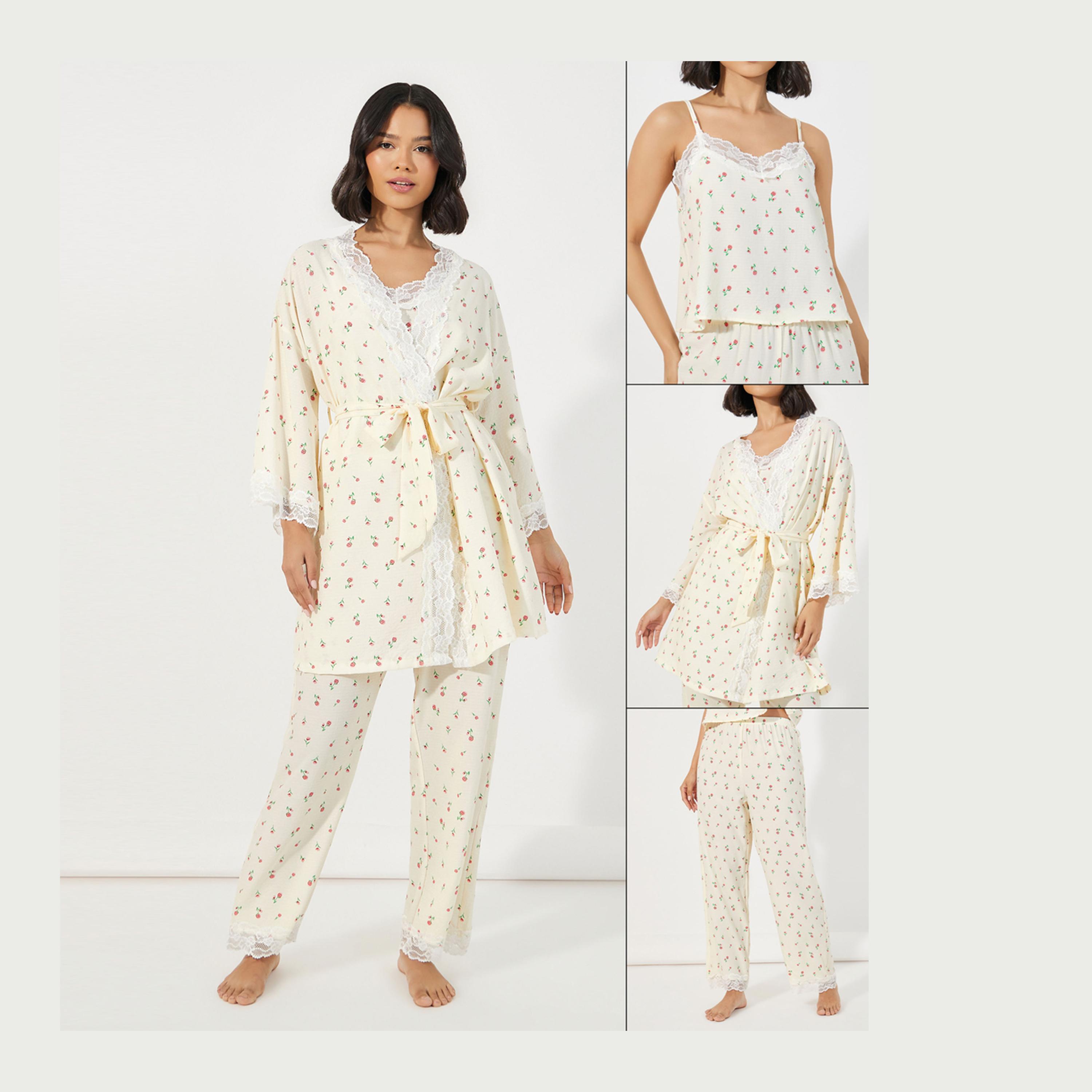 Styli Unwind Pack of 3 - Ditsy Print Lace Trim Cami, Pyjama & Robe-women-clothing-nightwear-pyjamas-longsets-image-1