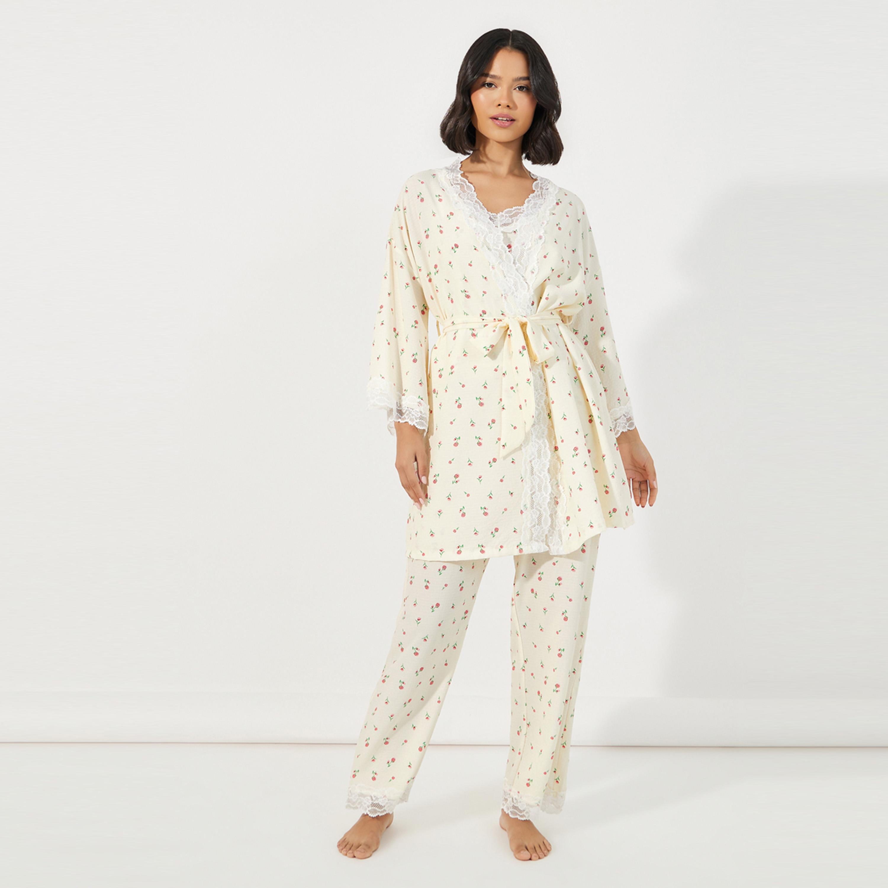 Styli Unwind Pack of 3 - Ditsy Print Lace Trim Cami, Pyjama & Robe-women-clothing-nightwear-pyjamas-longsets-image-2
