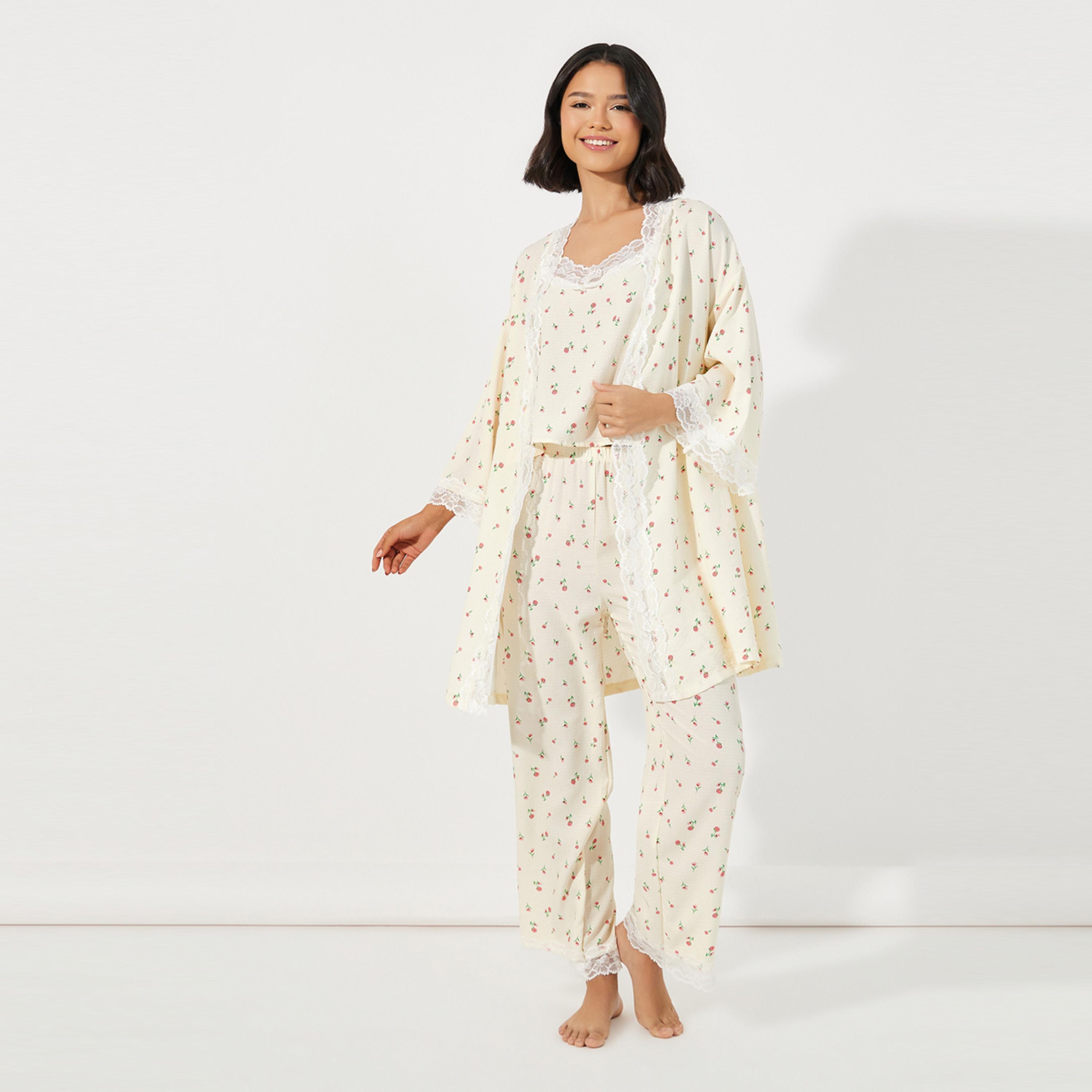 Styli Unwind Pack of 3 - Ditsy Print Lace Trim Cami, Pyjama & Robe-women-clothing-nightwear-pyjamas-longsets-image-3